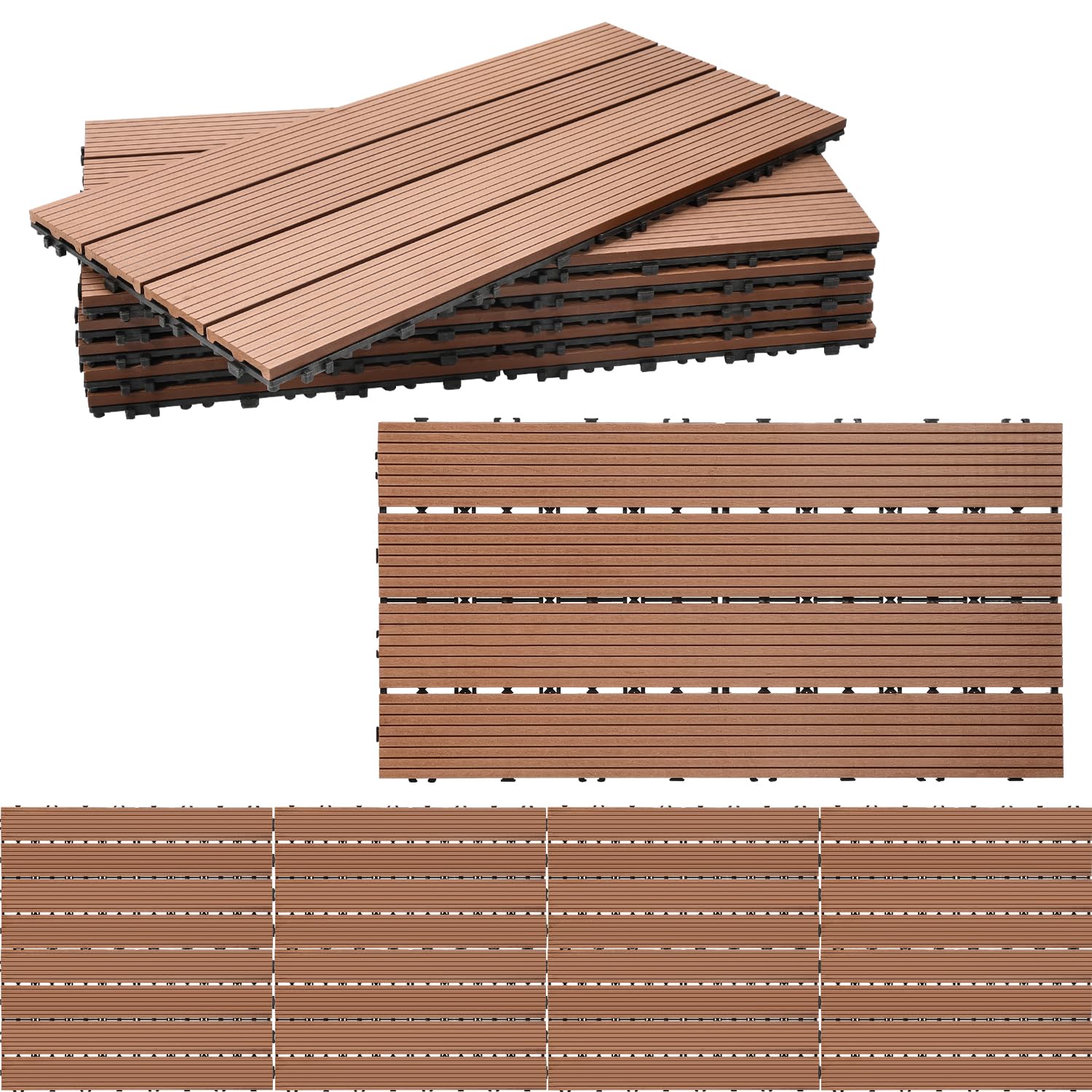 Randaco Płytki tarasowe WPC 30 x 60 cm, zestaw 30 sztuk na 5 m², płytki z tworzywa sztucznego, płytki na klik, płytki balkonowe z drenażem, do ogrodu, na taras, łatwe układanie, brązowe