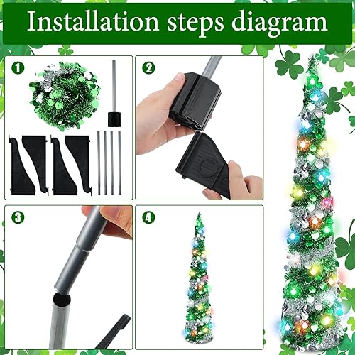 Miniatura 4 de Sosation 2 piezas de árbol de 5 pies para el día de San Patricio preiluminado, árbol plegable artificial, plateado verde, árboles de oropel delgado