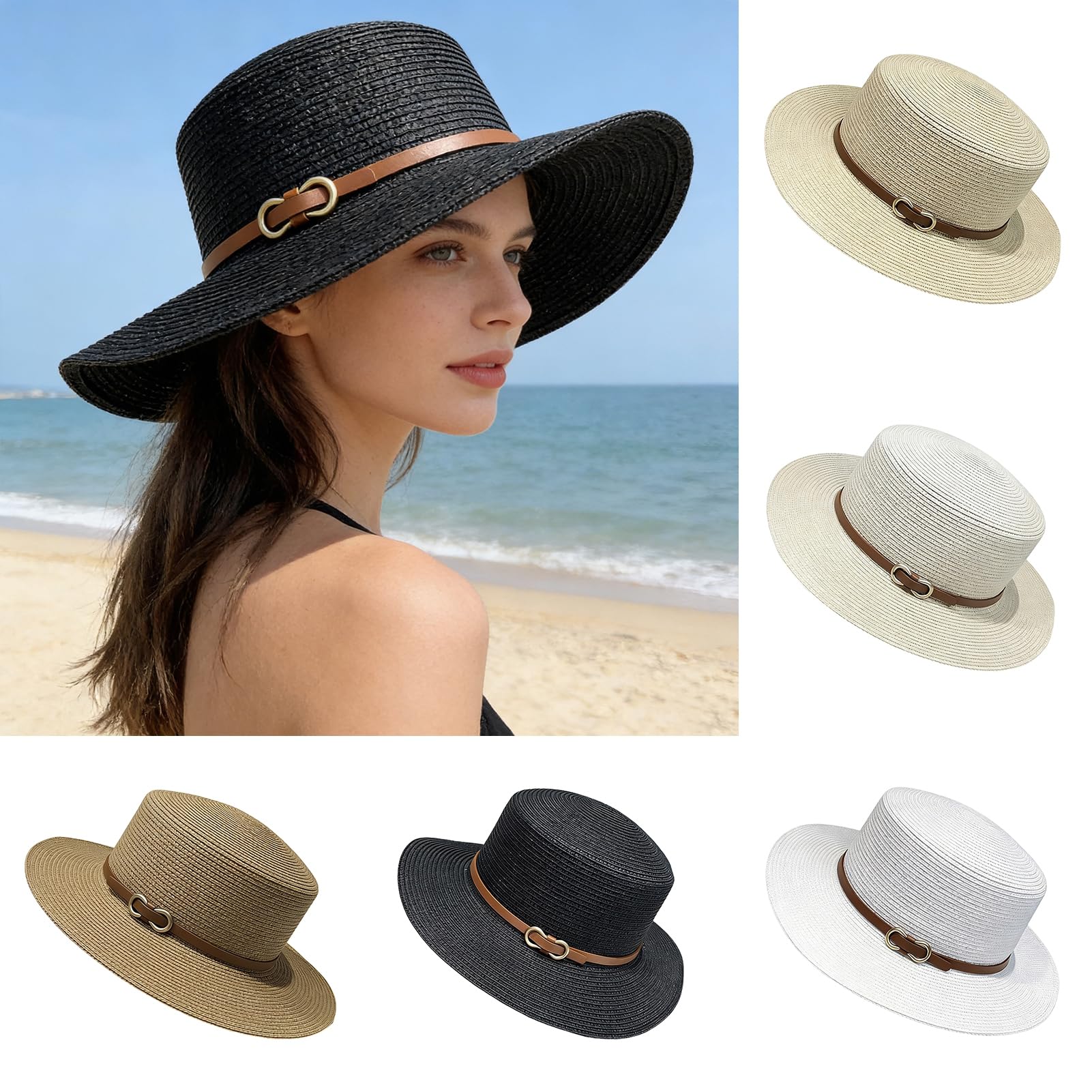 Cappello Panama per uomo e donna, a tesa larga, con parte superiore piatta, stile francese, con fibbia in finta pelle, protezione UV, cappello da spiaggia