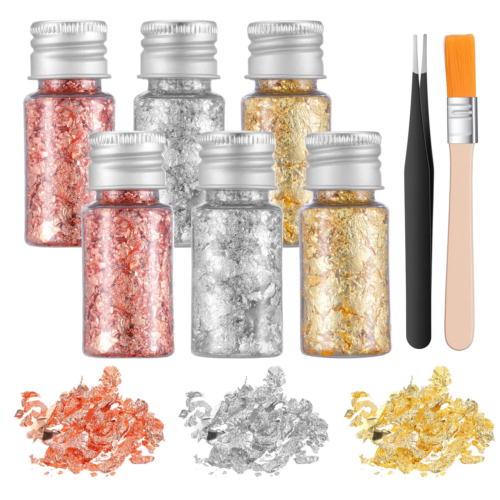 JJUNW 6Pcs Decorative Gold Leaf, Multifunction Gold Flakes Cake Decoration Baking Foil Decor with Plastic Tweezers&Brush for Cooking Dessert Decoration Crafts Makeup(Gold, Rose Gold, Silver)