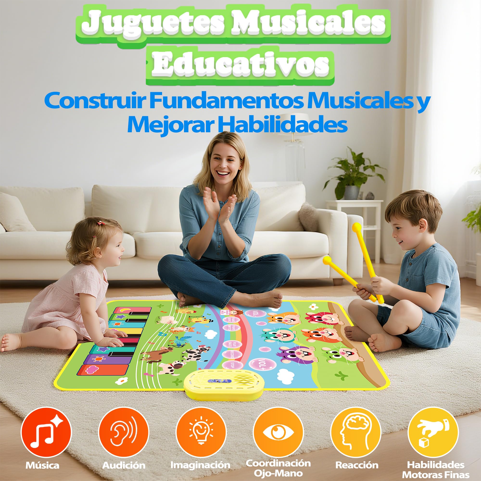 MOMUSE Alfombra Musical Golpea-al-Topo, Regalo Bebé 1 2 3 Años, 3 en 1 Piano Bebé Juguetes Sensoriales de Aprendizaje Educativo Temprano Montessori, Regalos de Cumpleaños para Niños Niñas 3 4 5 Años