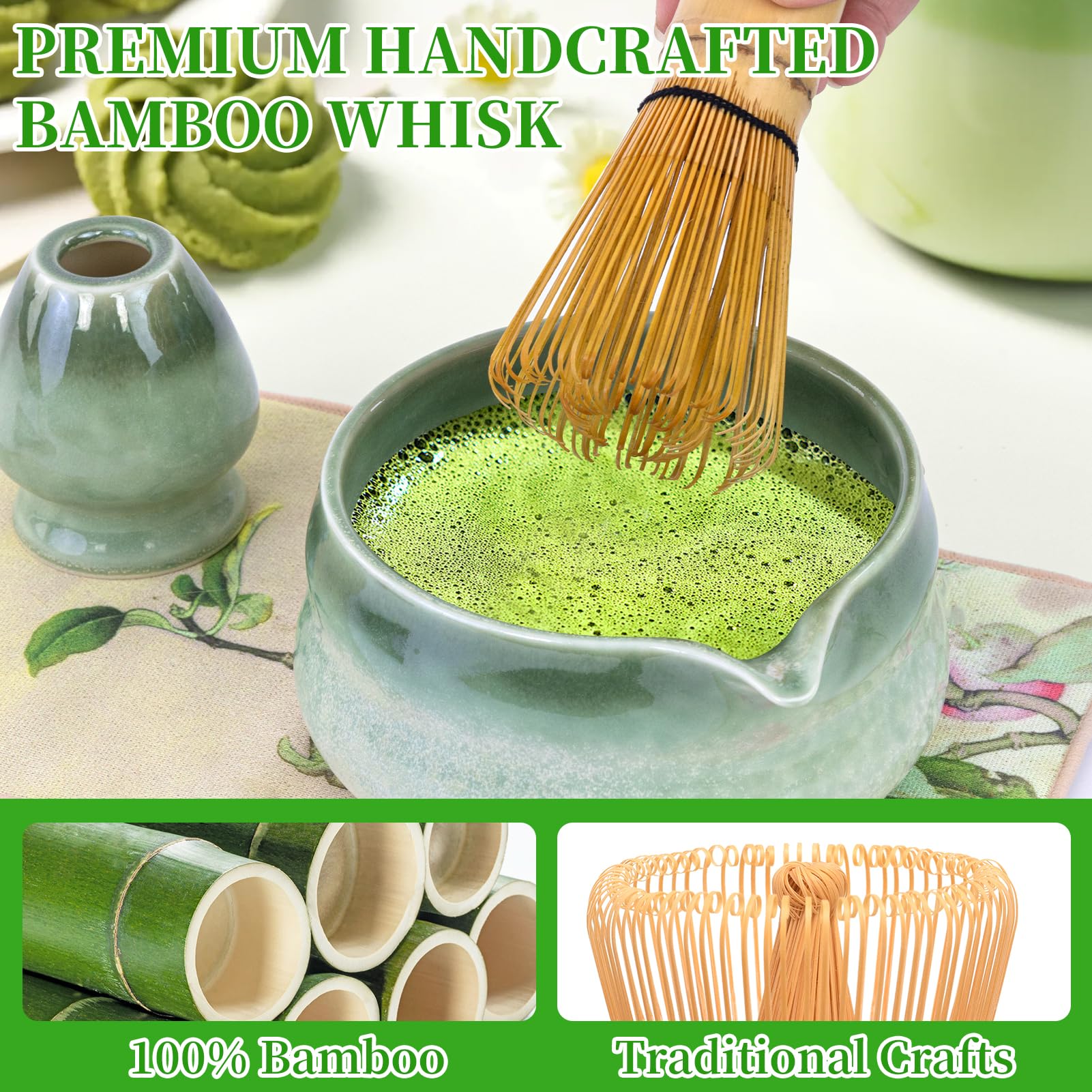 Matcha zestaw 8 sztuk herbaty matcha do przygotowywania kawy z mlekiem | Zestaw miotły do matchy, miska do matchy z dzióbkiem, zestaw trzepaczek do matchy i miska z łyżką i sitkiem, kolor zielony