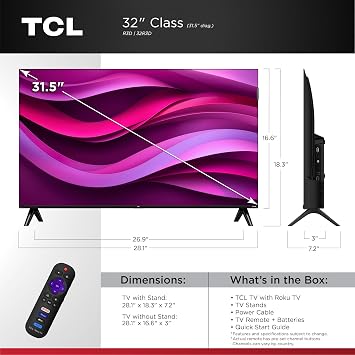 TCL 32-Inch Class R3D Series QLED Roku Smart TV | FullView Bezel-Less Design, Google Cast & AirPlay 2 | Television for Bedroom, Dorm & Kitchen (32R3D, 2026) Streaming Live Local News, Sports & Movies