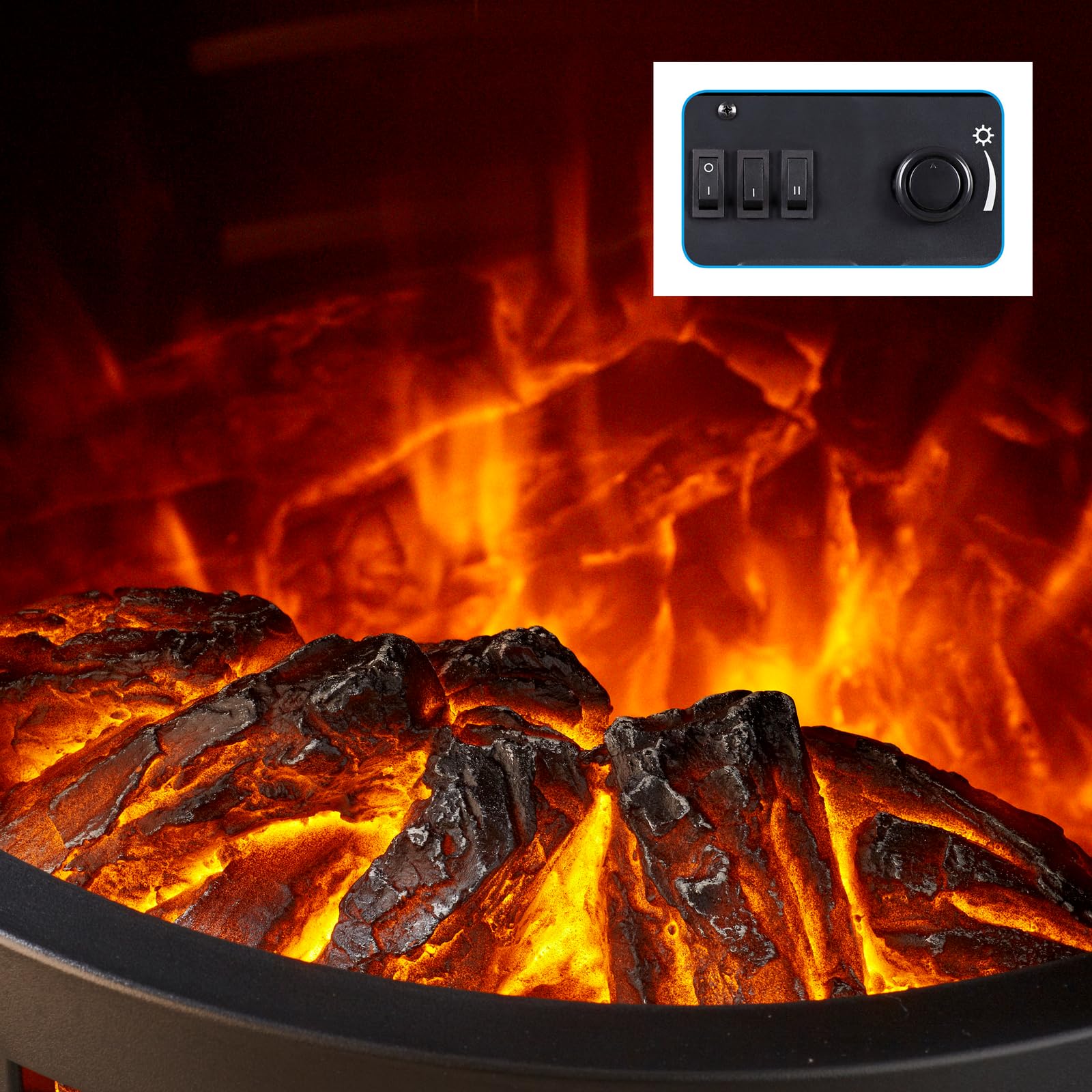 Glow Fire Kominek elektryczny Focus z realistycznym ogniem LED 3D – stojący kominek elektryczny z ogrzewaniem i ogniem kominkowym, efekt trzaskania, sterowanie aplikacją i timer, maks. 2000 W, 46 x 73