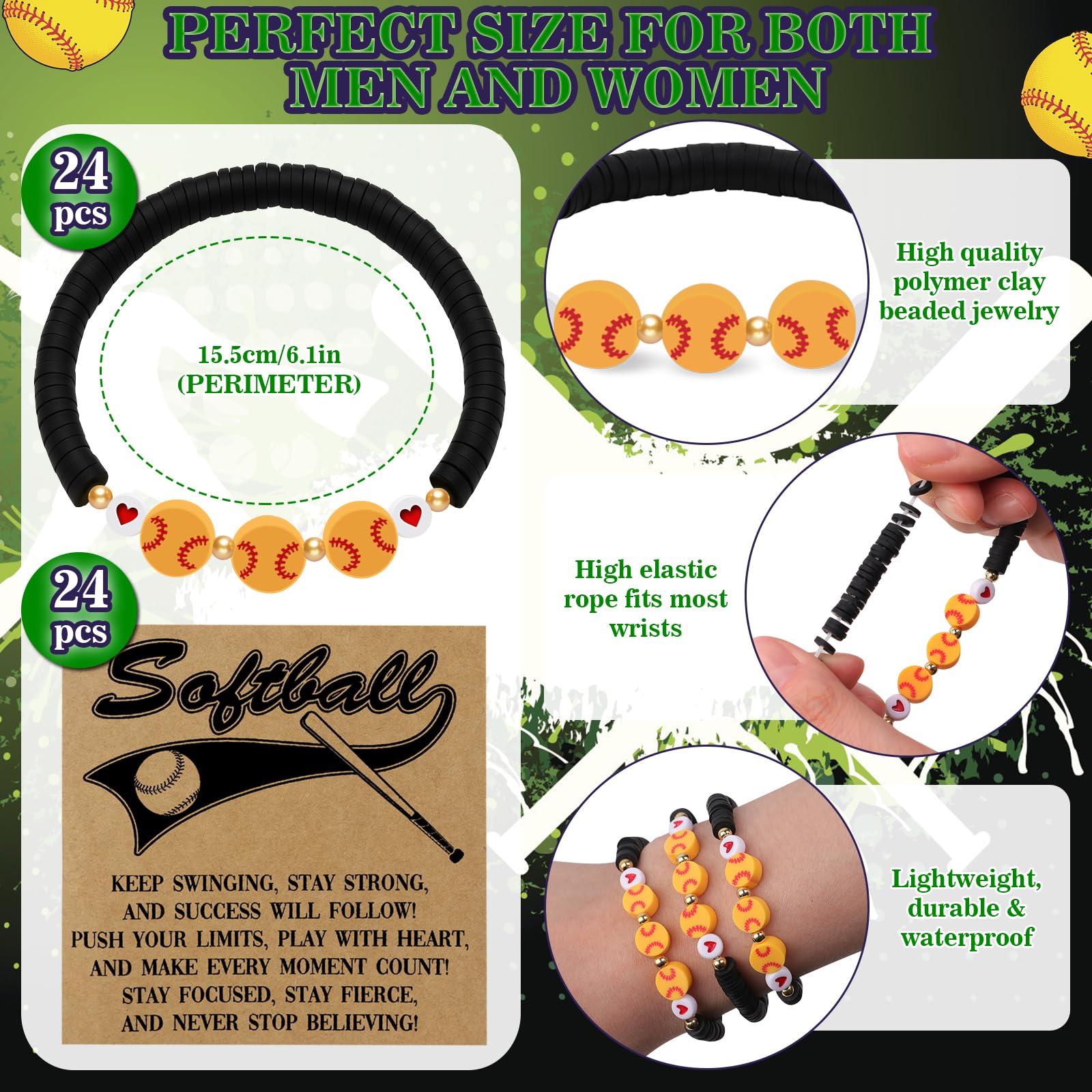 TMKEFFC 24 PCS Softball Bracelets Team Gifts – Adjustable Bead Charm Bracelets with Motivational Cards for Softball Players, Team Party Favors, Sport Birthday Goodie Bag Bulk Supplies