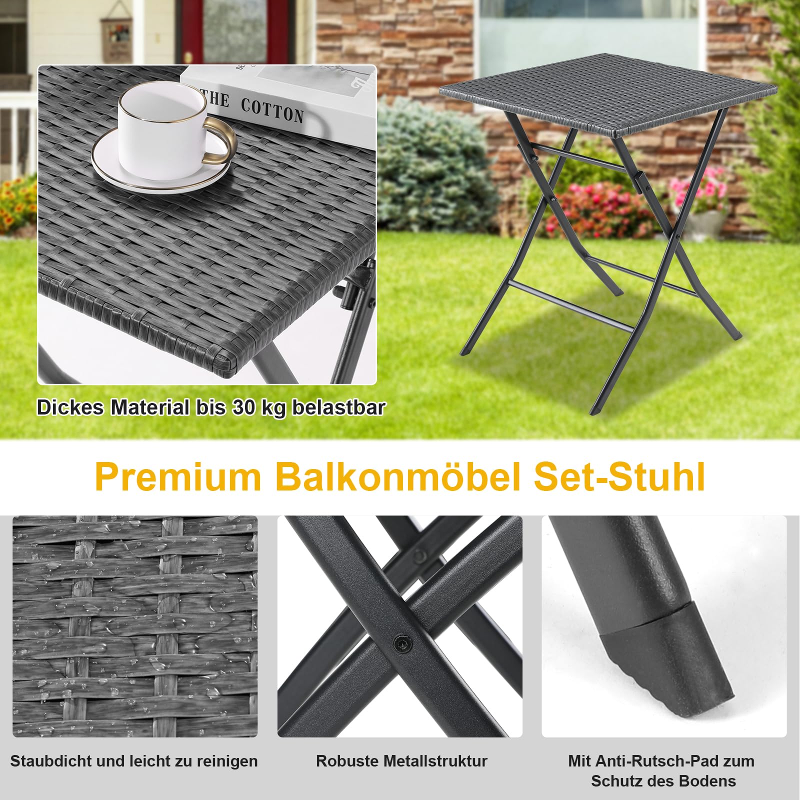 LIFERUN Bistro Gartenmöbel Set 3-teilige, Balkonmöbel Rattan Set, 1 Klapptische und 2PCS Klappstühle, Grau Balkon Set, Balkonmöbel Klappbar, Rattan-Sitzgruppe für Balkon, Terrasse und Garten