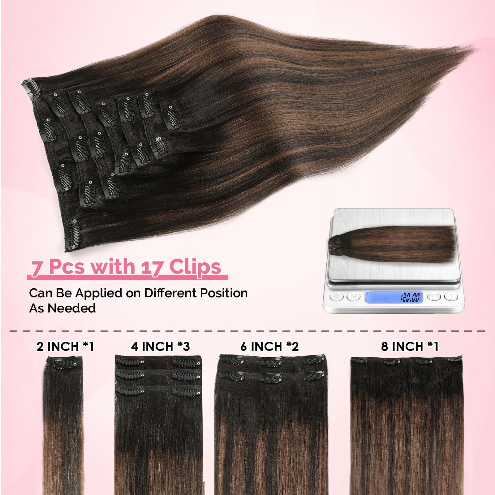 Yuniffe Yaki Straight Clip in Hair Extensions for Black Women Natural Black to Piano Color Black With Chocolate Brown Real Human Hair Extensions Clip ins Double Weft Remy Yaki Hair 14 Inch 7Pcs 120g - Image 4