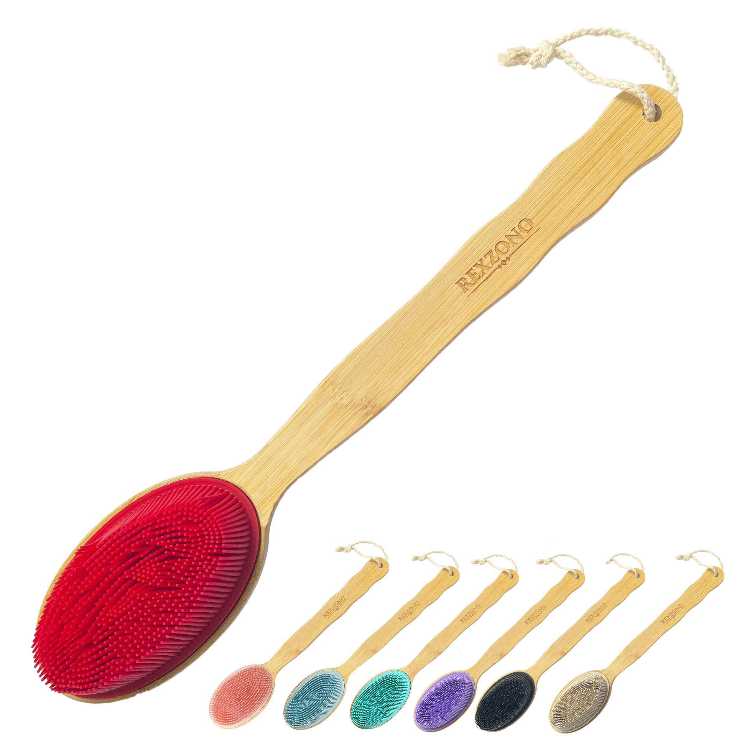 Rexzono Silicone Back Scrubber for Shower (for Sensitive Skin), Exfoliating Body Scrubber, Bath Brush Back Scrubber Long Handle, Silicone Loofah, Back Brush for Shower, Shower Body Scrubber
