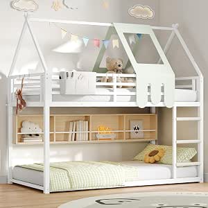 Decofy Twin Over Twin Bunk Bed with Bookshelf, House Design, White