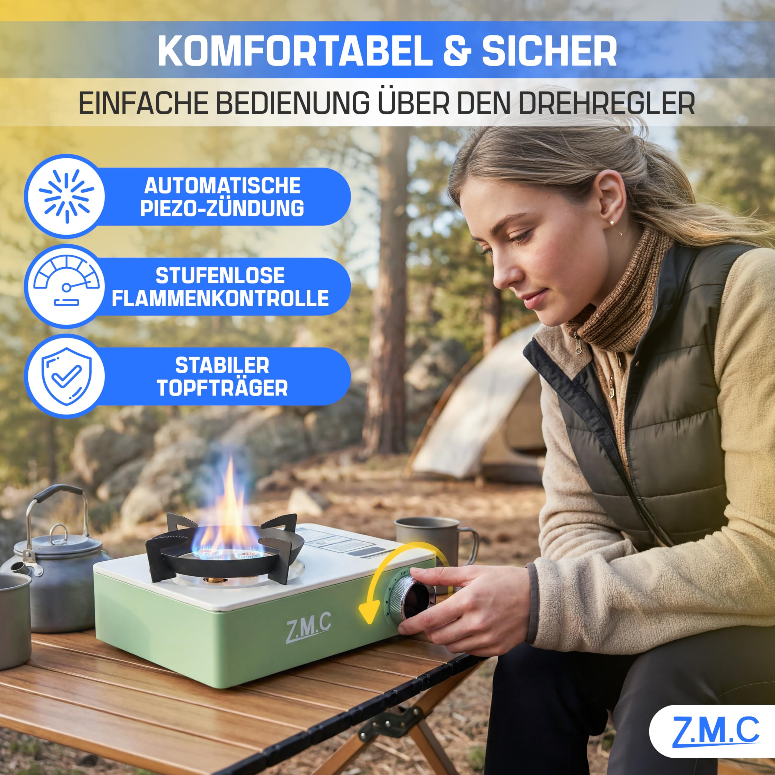 Z.M.C Gaskocher 1-flammig 3,5 kW inkl. 8x Gaskartuschen 227g | 3-Brenner & Piezo-Zündung | Campingkocher mit Transportkoffer | kompakt 1,4 kg | Camping Outdoor