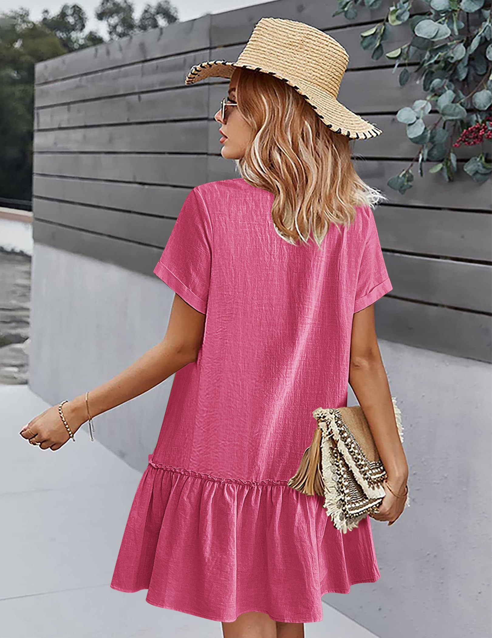 Hotouch Robe d'été boutonnée en lin pour femme - Robe de plage décontractée - Col en V - Mini robe à manches courtes - Robe trapèze - Robe à volants