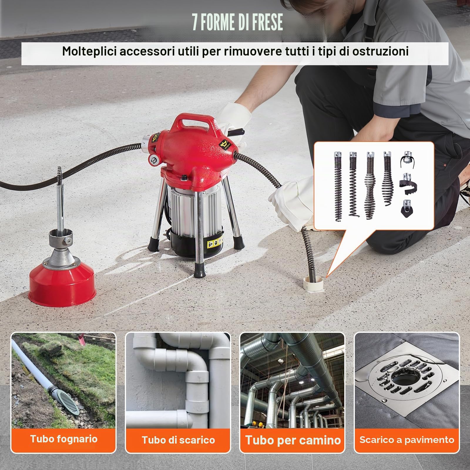 VEVOR Sturatubi Elettrico 20 mx 16 mm Macchina Pulisci Tubi 250 W Alimentazione Manuale 7 Taglierine, 2 Cavi in ​​Acciaio 20 mx 16 mm/4,6 mx 9,5 mm, Comando CW/CCW per Tubi da 4-10 cm