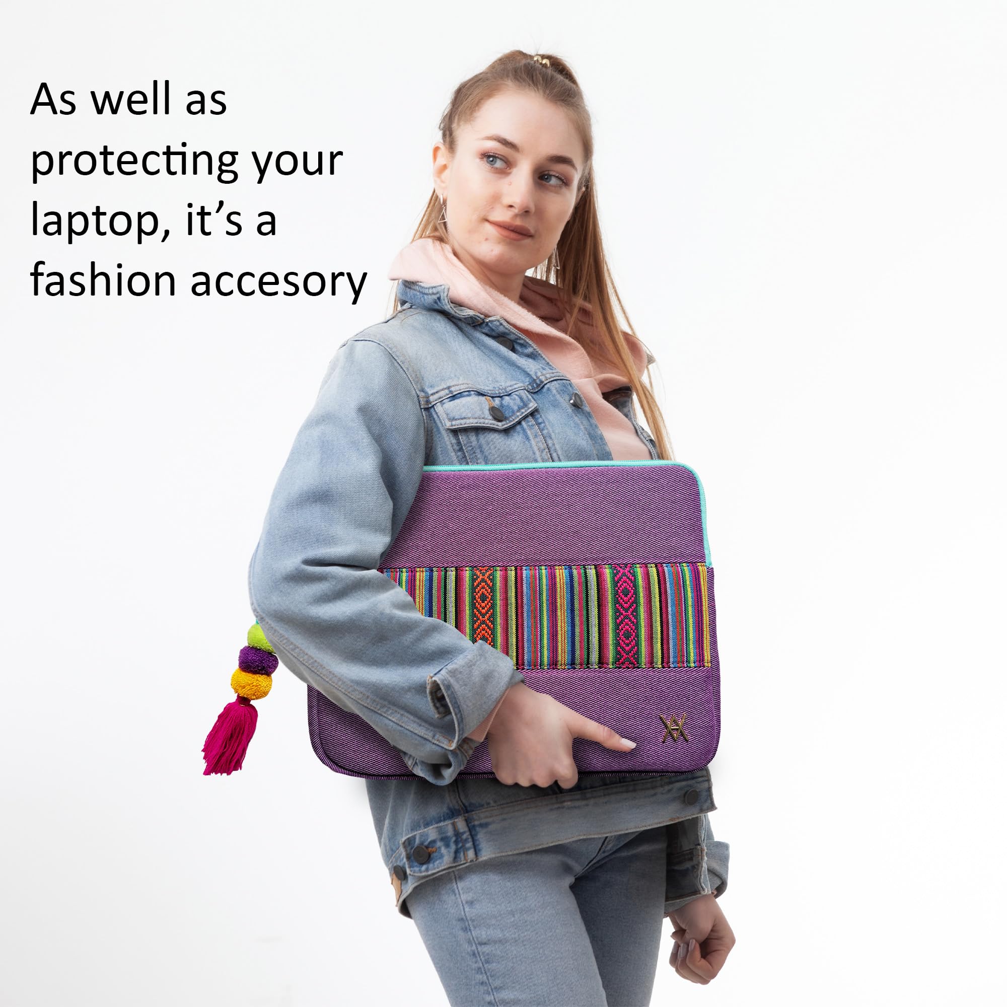 WONDEE Maletín Funda Portátil 15,6/16 Pulgadas Diseño de Tela Bordada Estilo Étnico y Original Tirador - Funda para Ordenador Portátil Macbook Pro 16 Pulgadas Acolchada y Reforzada con Cremallera