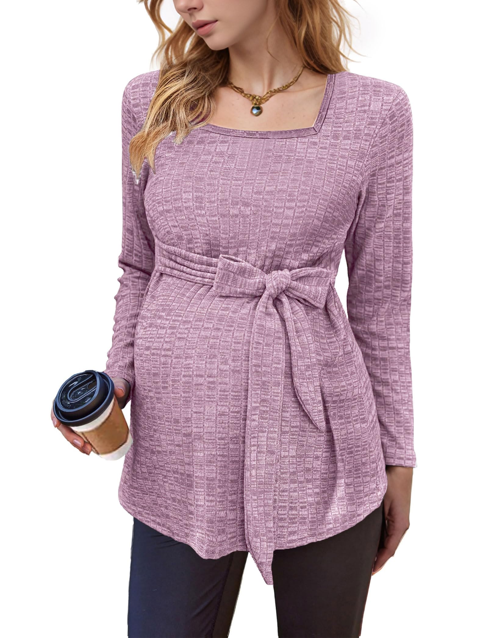 tiorhooe Haut de maternité en tricot à manches longues pour femme - Haut d'allaitement - Col carré - Vêtements de maternité