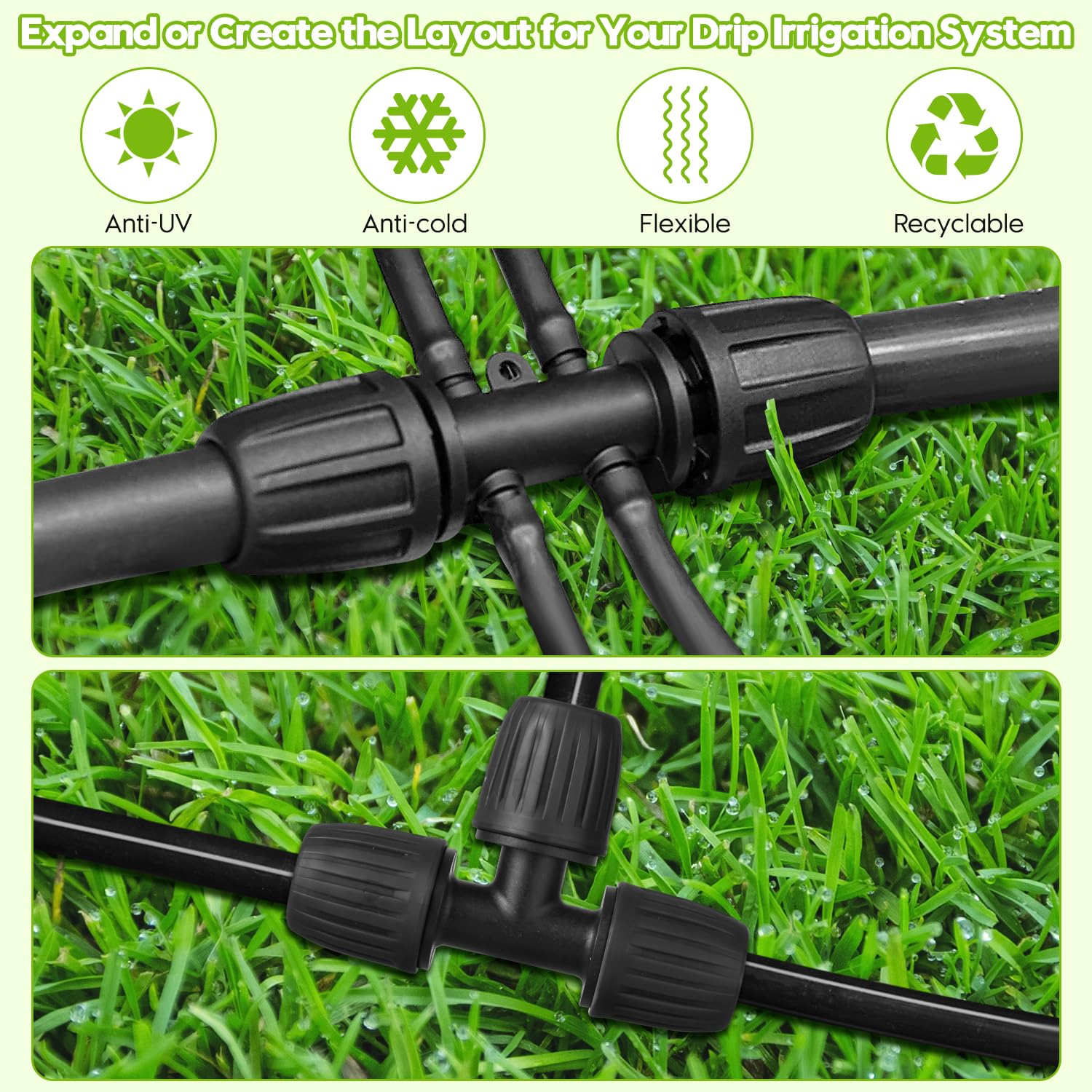 Kit de tuyau d'irrigation goutte à goutte de 15,27 m de 1,27 m avec raccords en T barbelés de 1,27 cm à 6 voies et connecteurs en T de 1,27 cm à 6,3 cm pour arrosage de jardin