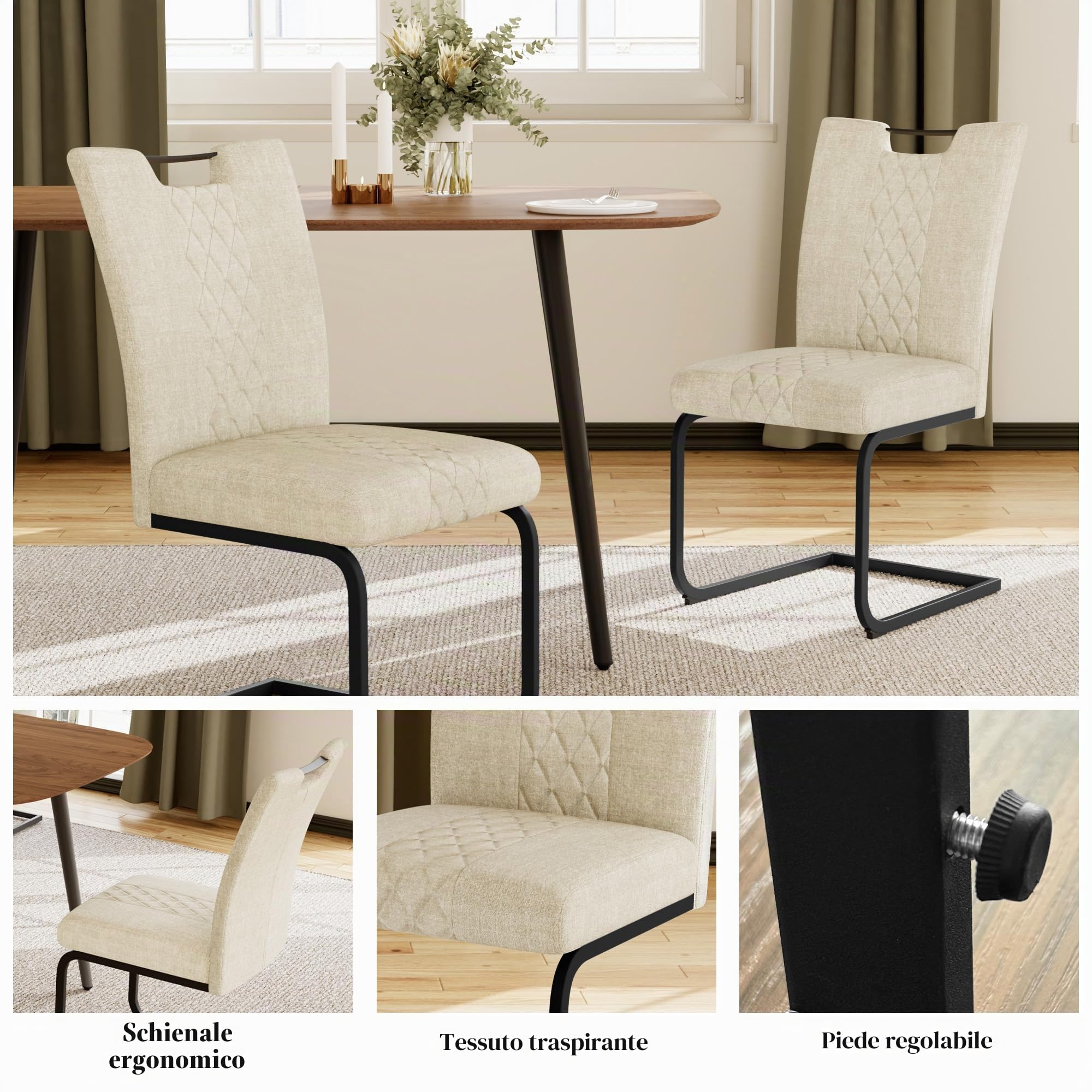 JIEXI Set di 4 sedie da sala da pranzo, con rivestimento in tessuto, schienale trapuntato e struttura in metallo, sedia da cucina/sala da pranzo moderna, comoda e stabile (4 sedie beige)