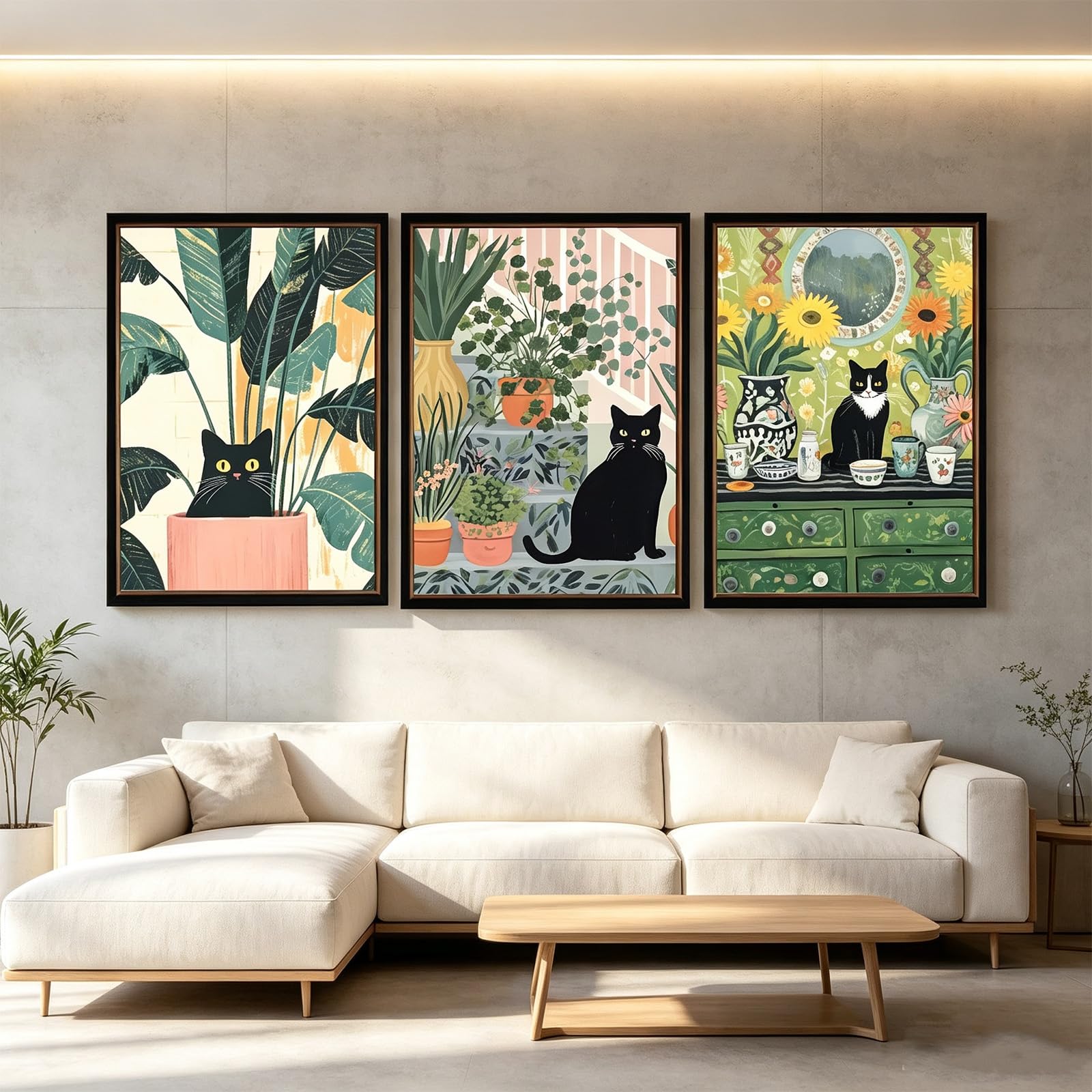 ZBELLO Black Cat Botanical Set of 3 Canvas Wall Art, Vintage Green Plant Floral Print Poster, Modern Farmhouse Decor Picture for Living Room Dining Room Bedroom, Unframed (40x50cm,cat)
