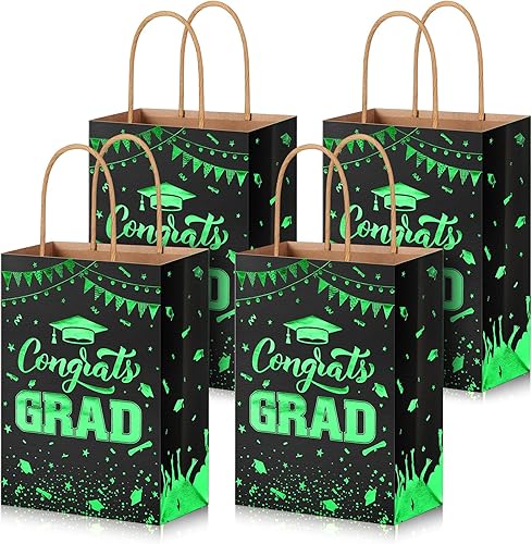 PerKoop 12 bolsas de regalo de graduación 2024 con asas, bolsas verdes de felicitaciones para graduación, bolsas de papel, suministros de regalo de