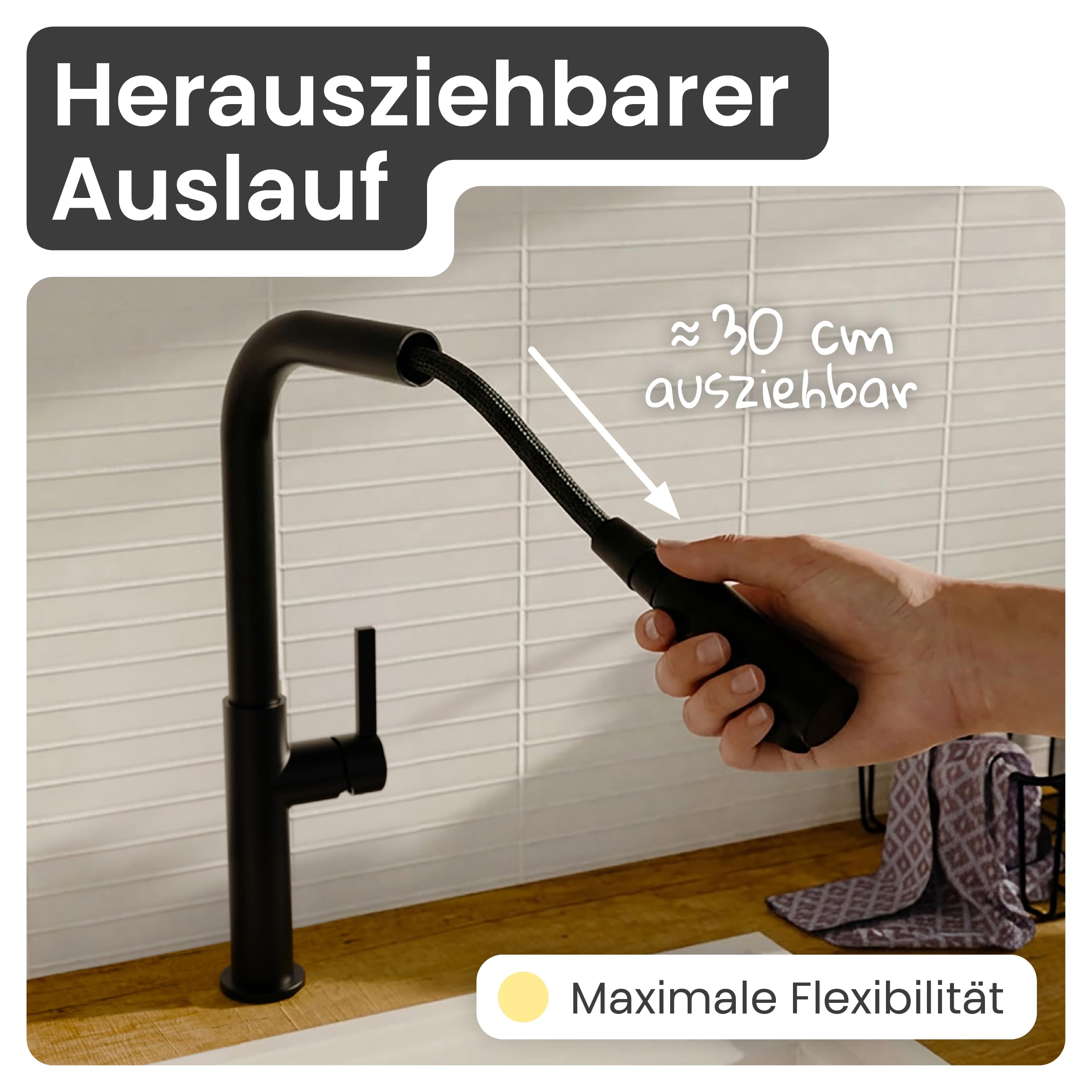 instmaier Cassia | Küchenarmatur | Hochdruck | ausziehbar | Schwarz | Wasserhahn Küche | Mischbatterie | mit herausziehbarem Auslauf | schwarz matt | 360° schwenkbar | instmaier Cassia |