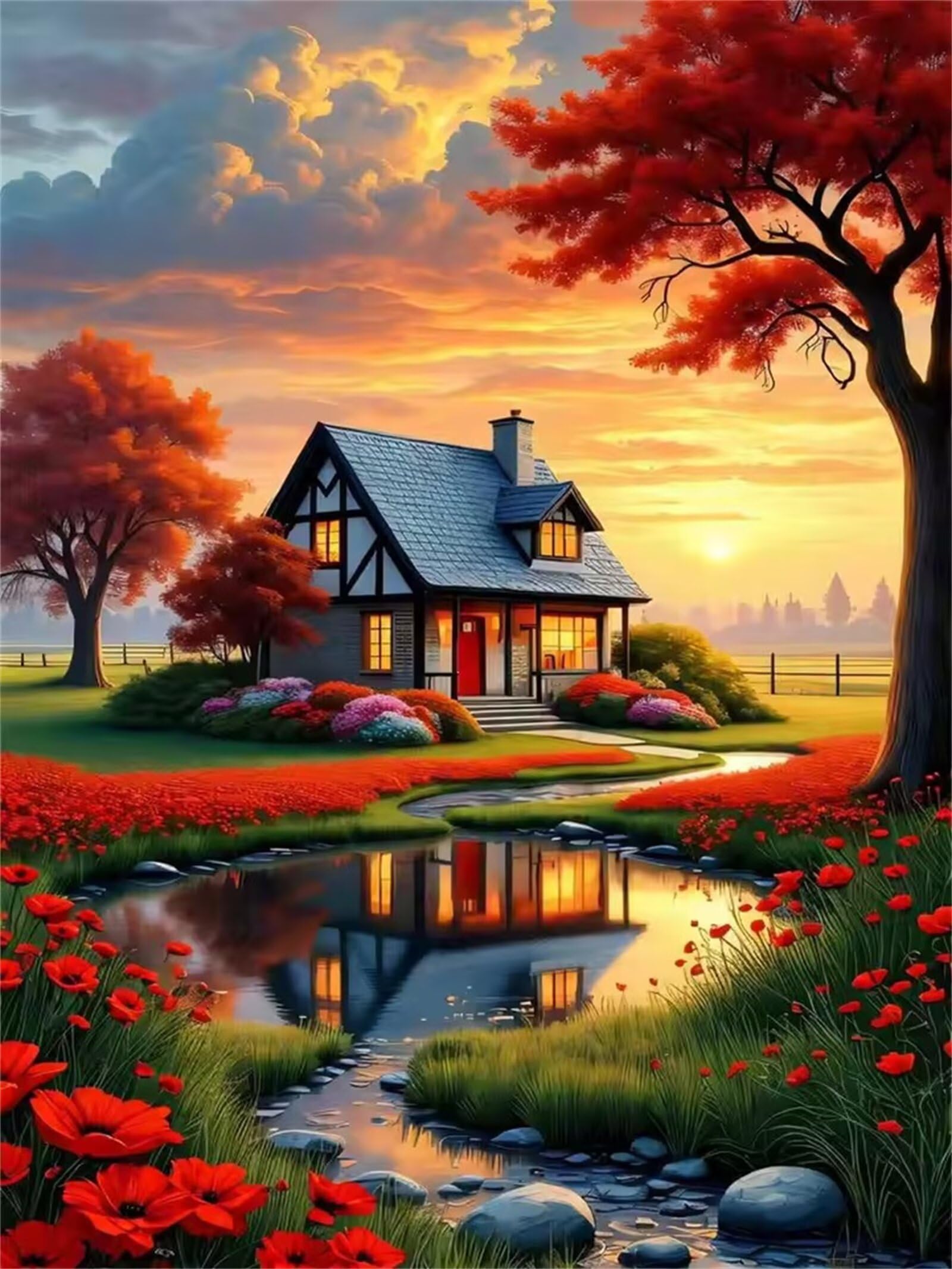 Puzzle 1500 sztuk dla dorosłych, puzzle do samodzielnego wykonania, puzzle stymulujące zabawki edukacyjne wystrój domu (jezioro kwiatów w domku)