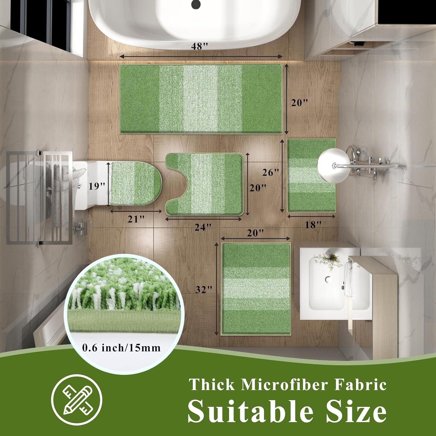 Vaukki Soft Bathroom Rug Set, Non Slip Washable Bath Floor Mat, Absorbent Striped Bath Carpet for Tub, Bathroom and Shower(18''x26''+20''x32''+20''x48''+U20''x24''+Cover19''x21'',Sage Green)