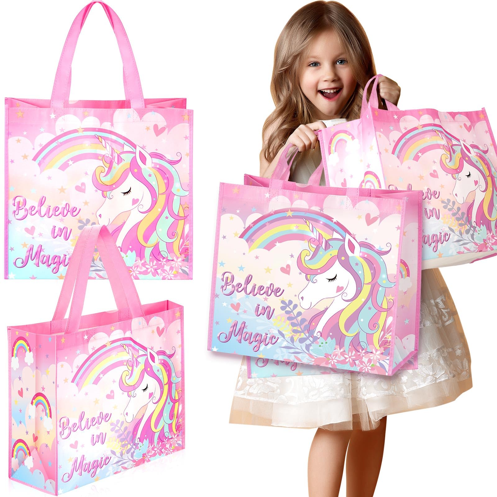 PaterrPaterr 12 Pcs Unicorn Large Recycled Gift Bag with Handles, Kids, Reusable, Birthday Party Gift Bag, Shopping Bag Unicorn Gift Bags Birthday Gift Shopping Bag 13.8 x 13 x 7.5 in