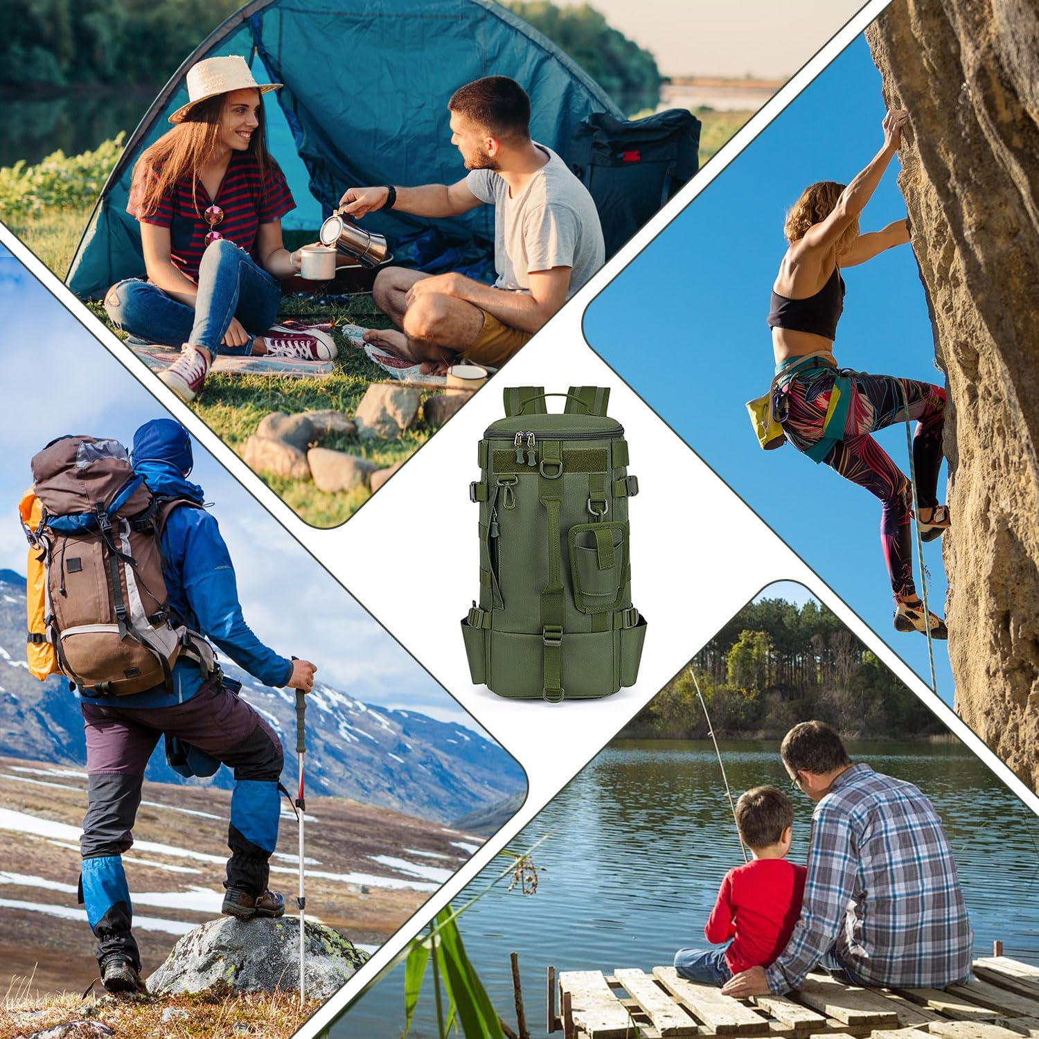 Angelrucksack, Angelrucksack mit Rutenhalter, Wasserdichter Angler Rucksack aus Oxford-Stoff, Lässiger Outdoor Rucksack, Mehrzweck Angel Rucksack für Campin Radfahren Militär(Grün)