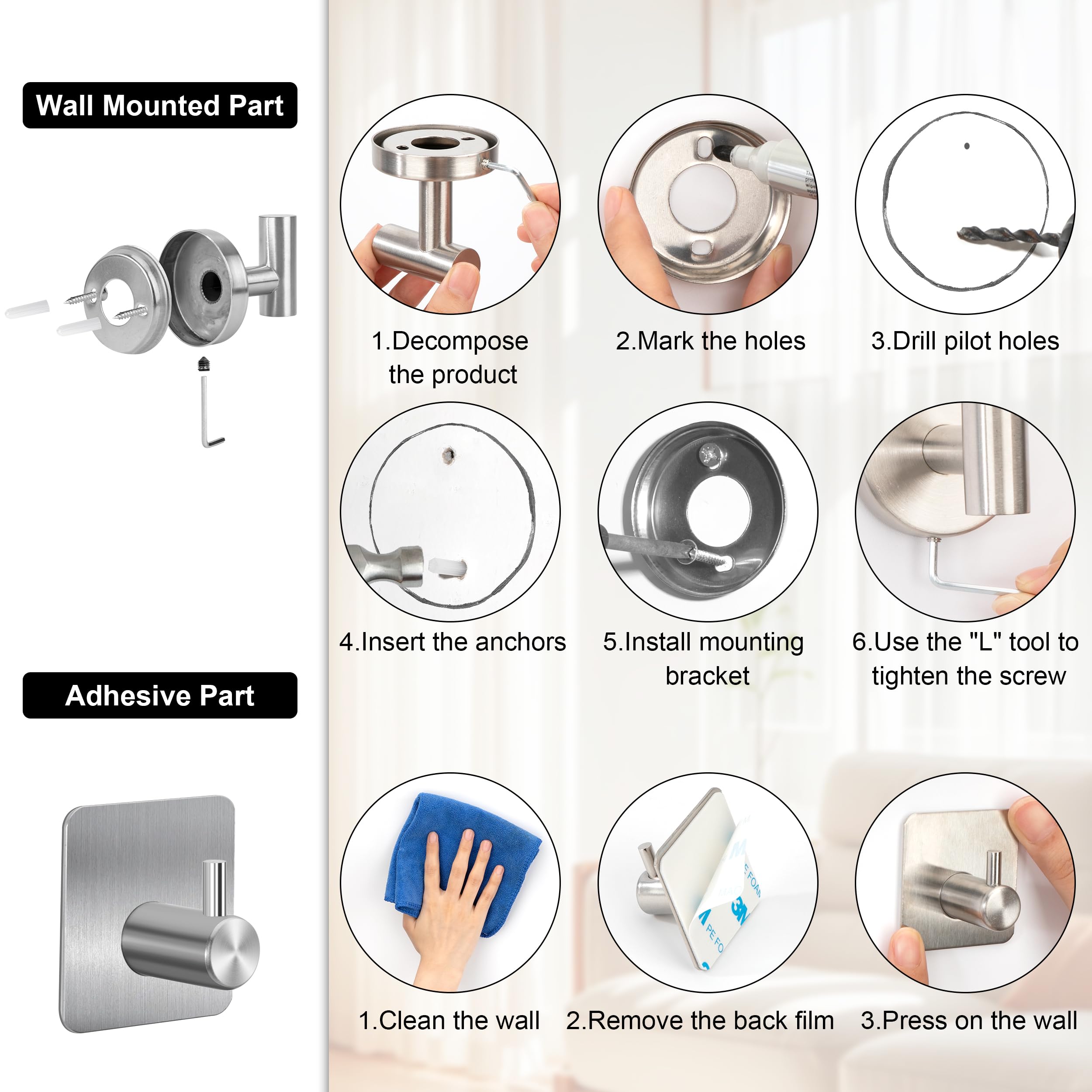 Juego de Toallero de Baño Juego de Herrajes de Baño de Acero Inoxidable Ganchos para Bata para Baño y Cocina 5 Piezas (Plata)