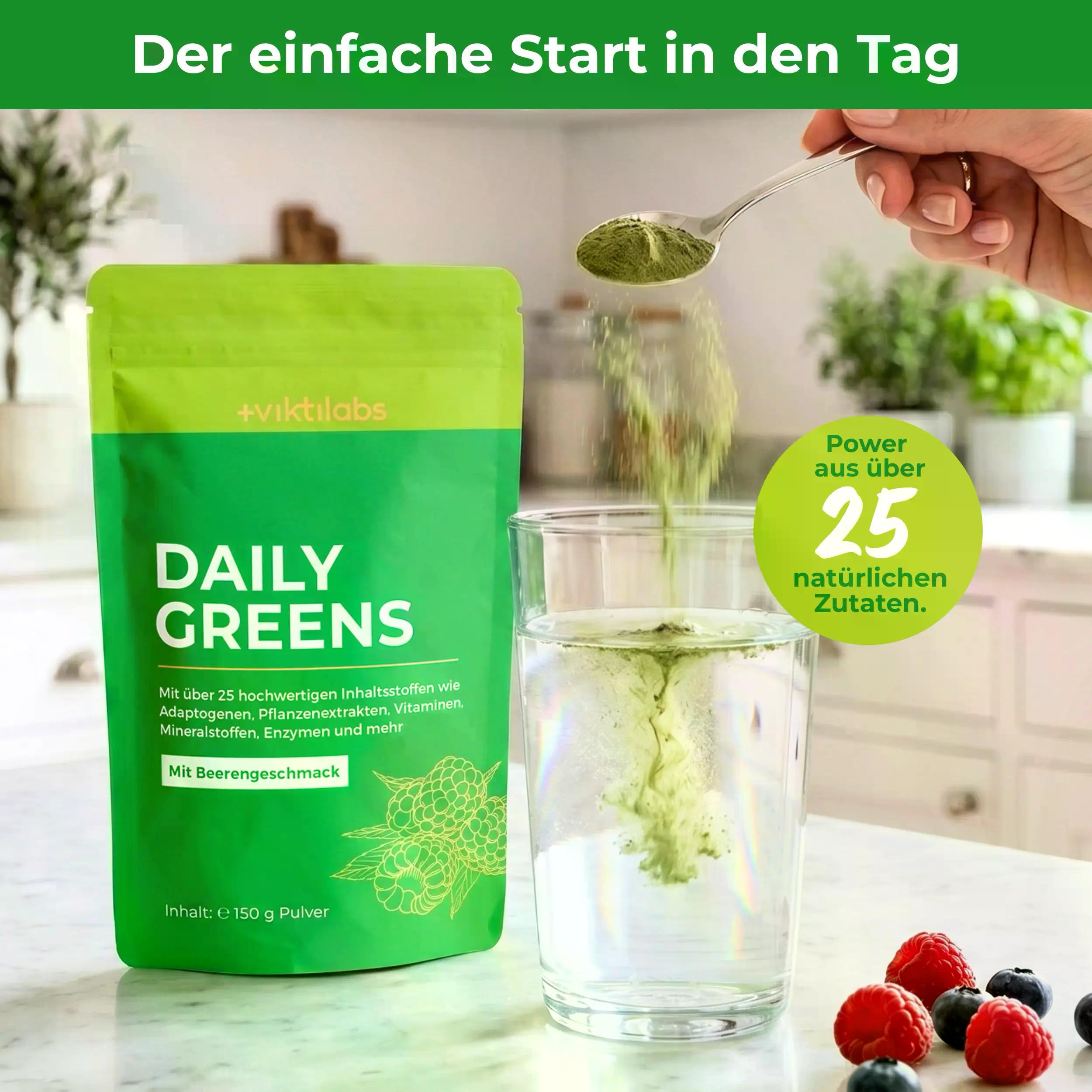 Daily Greens Beere - 25+ Wirkstoffe mit Vitamin C, Zink & B12 | 150 g Pulver für 30 Portionen - Greens, Beeren-Blend, Ballaststoffe, Adaptogene, Probiotika & Enzyme