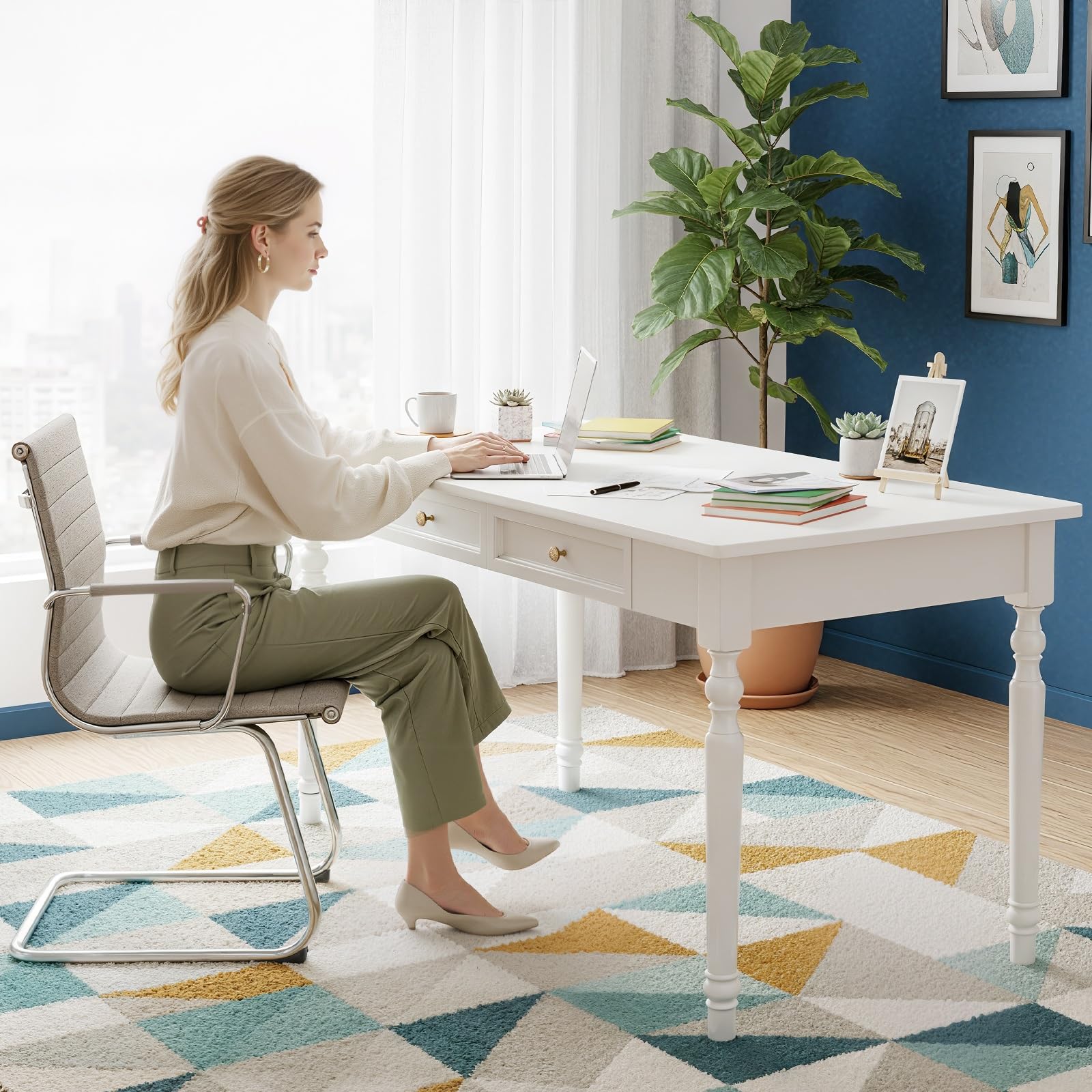 Schreibtisch Massivholz Landhausstil 120x60 cm Weiß, großer Profi Computertisch für Dual Monitor mit Massivholz Schubladen wackelfrei