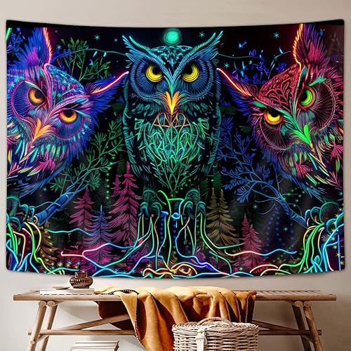 Miniatura 2 de JAWO Tapiz psicodélico de búho, diseño de línea de bosque trippy, tapiz para colgar en la pared para dormitorio, luna, animal, pájaro, luz negra,