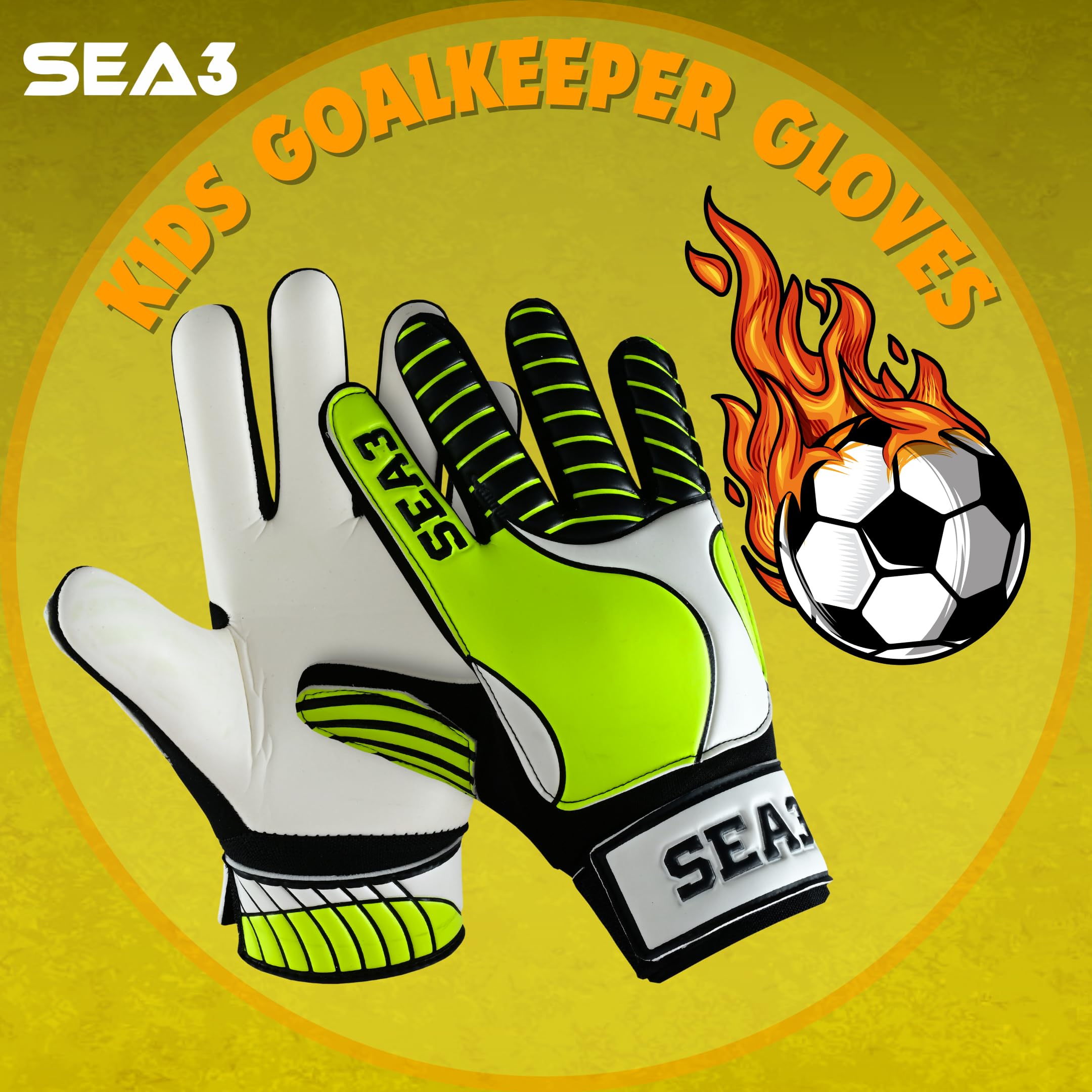 SEA3 Unisex Kids Boys Children's Junior Football Goalkeeper Sports Soccer Training Goalie Gloves, Yellow - Size 2: Age 4 to 5 Years - Image 3