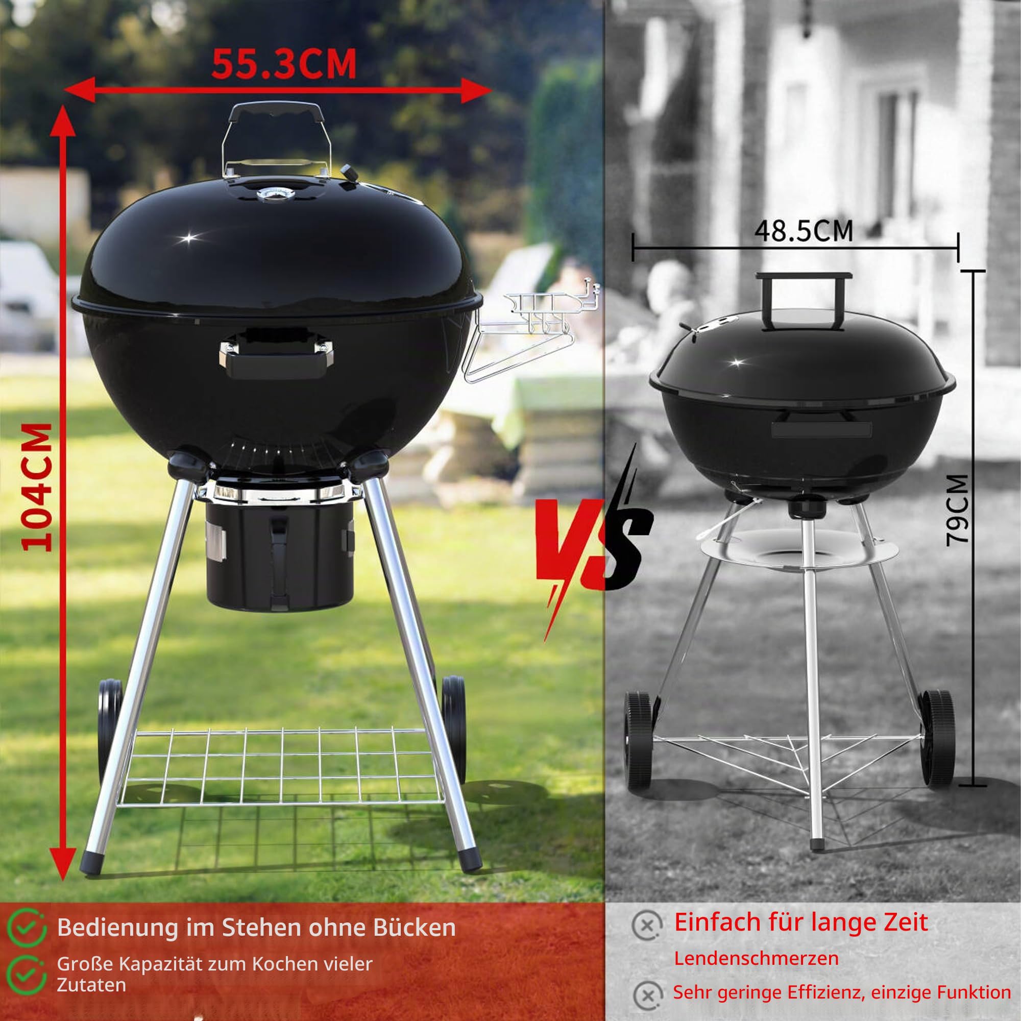 TEENO Holzkohlegrill mit Deckel, XXL Rundgrill, Aschekasten, Regulierbares Lüftungsloch, Kugelgrill, 83 cm x 71 cm x 105,5 cm – Ideal für Garten, Terrasse & Outdoor-Grillen
