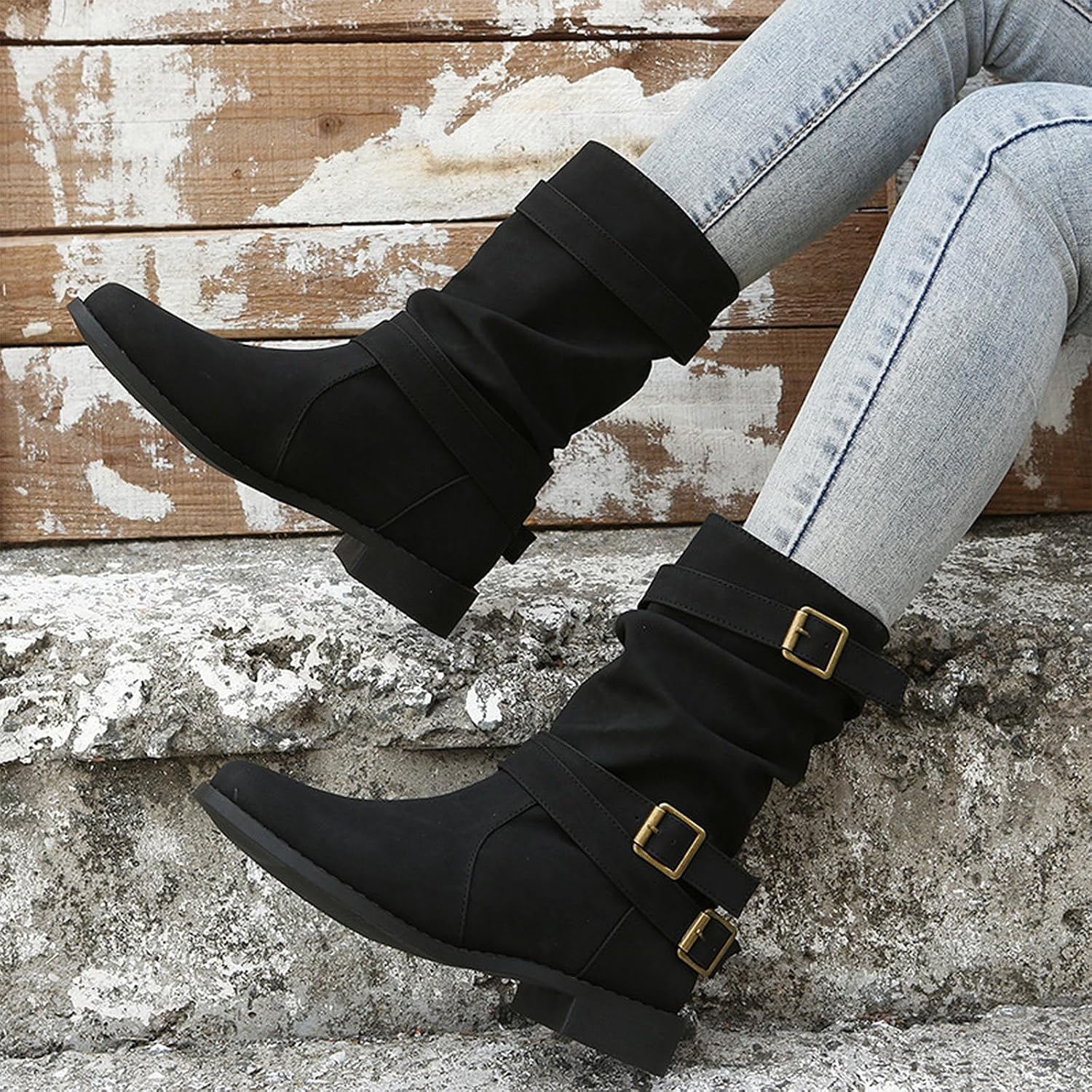 Women's Leather Wide Width Slouchy Ankle Boots with Buckle Classic Round Toe Comfort Low Chunky Heel Pull-On Mid Calf Boots Fashion Western Short Booties