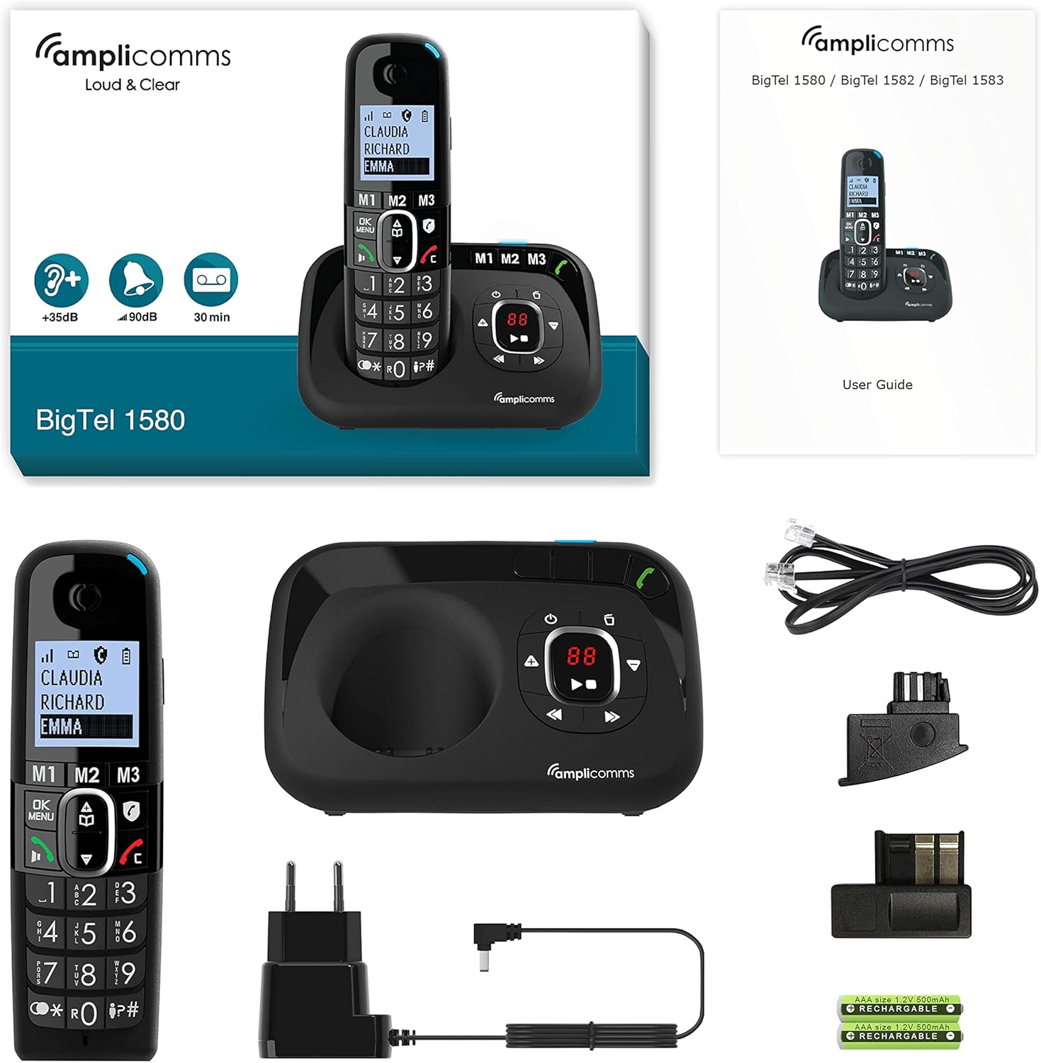 Amplicomms BigTel 1580 package contents including handset, base, cables, and batteries