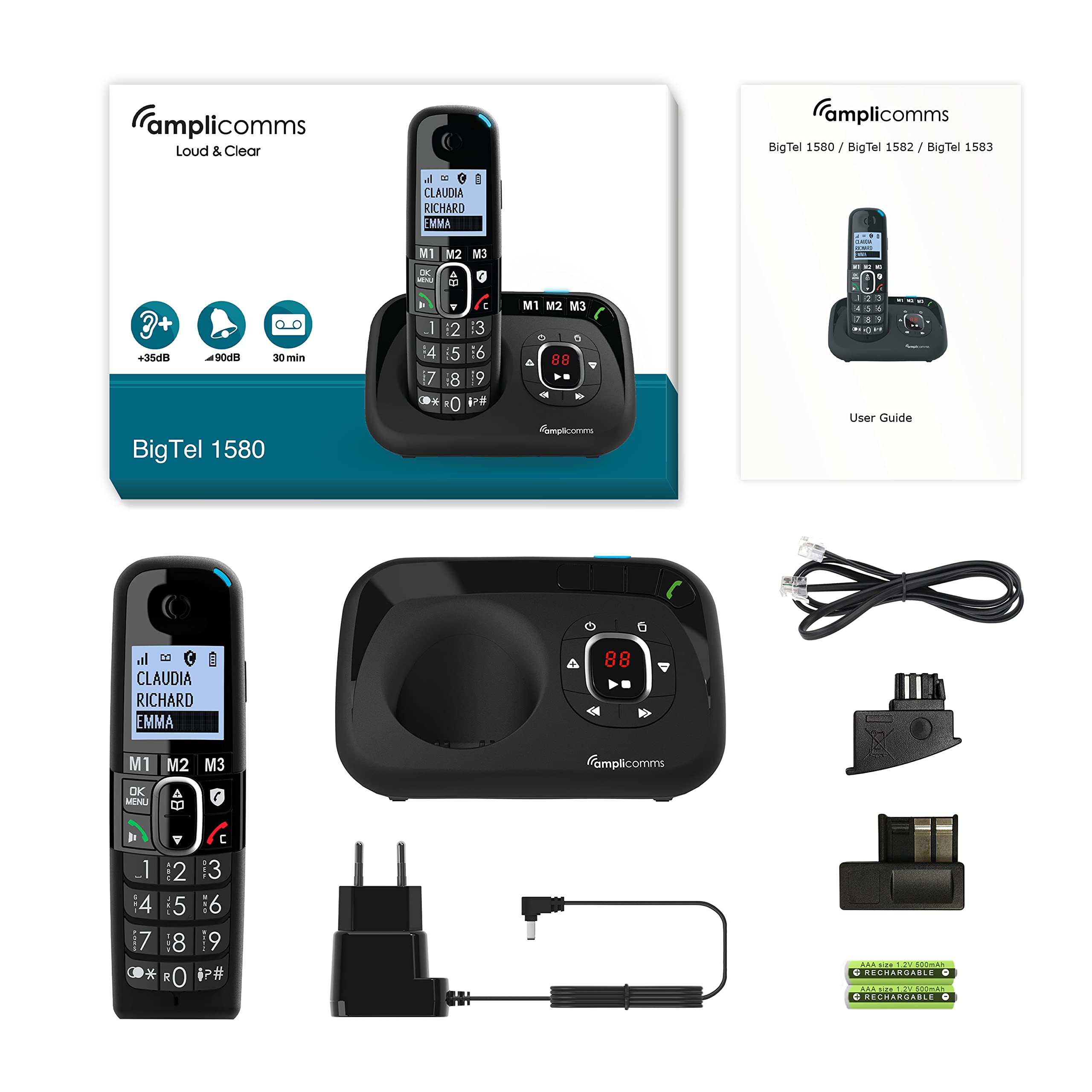 Amplicomms BigTel 1502 Duo Cordless DECT Telefono a Chiave Grande, Due Portatili, Potenziamento Audio, Suonerie Extra Forti, Compatibile con Apparecchi Acustici, Nero
