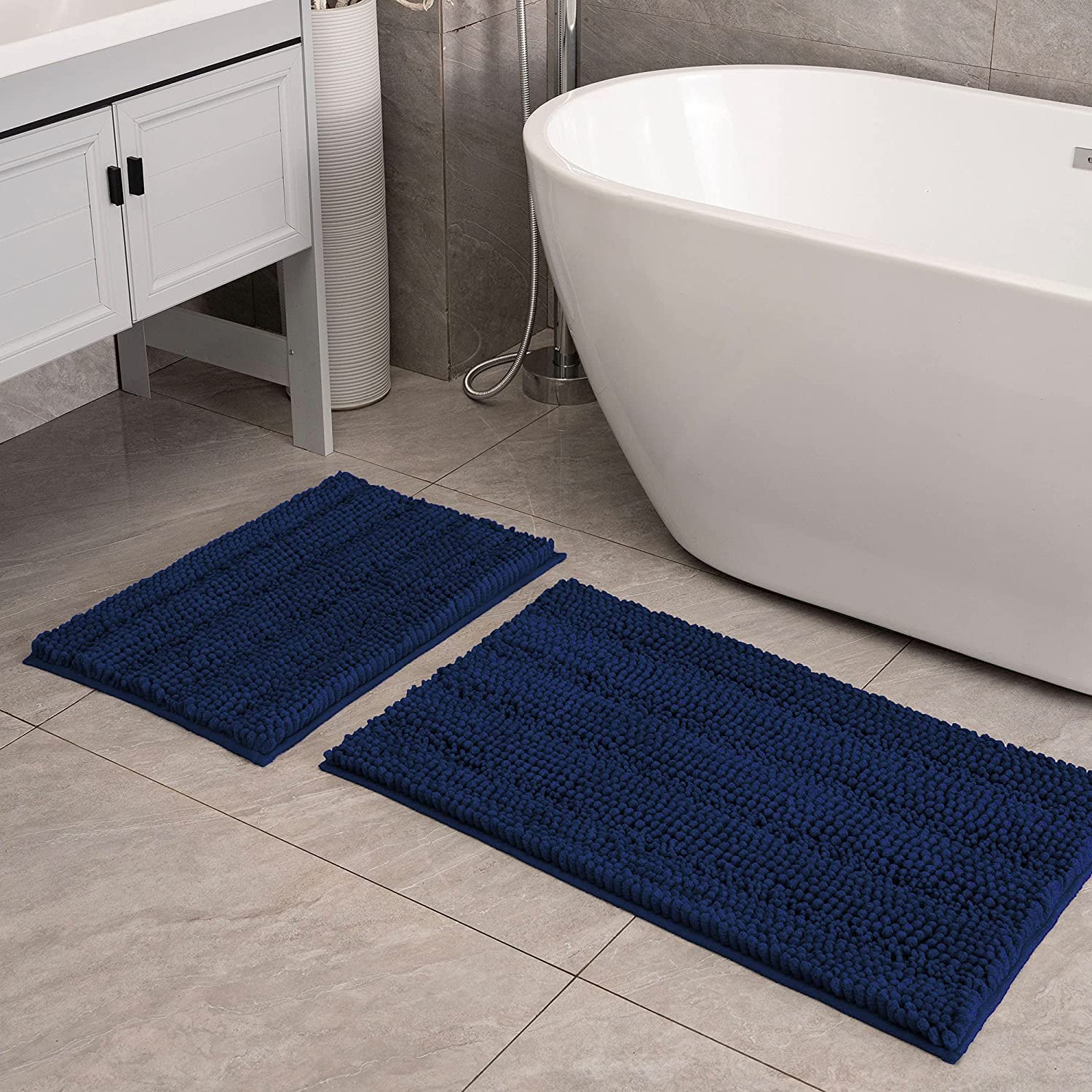 Set di 2 tappeti da bagno in ciniglia spessa e di lusso, in microfibra, antiscivolo, morbidi, assorbenti e lavabili in lavatrice, colore: blu navy, 32 x 50 cm