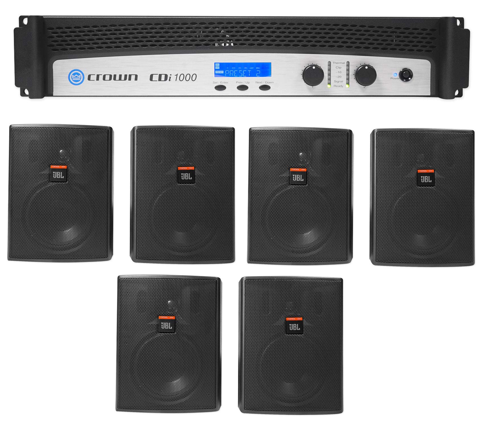 Audiosavings Bundle: (1) CDi1000 2-Channel, 500w 2,4,8-ohm 70V/140V Commercial Power Amplifier Amp Bundle with (6) Pro Control 25AV 5.25" 60 Watt 70v Indoor/Outdoor Commercial Speakers (7 Items)