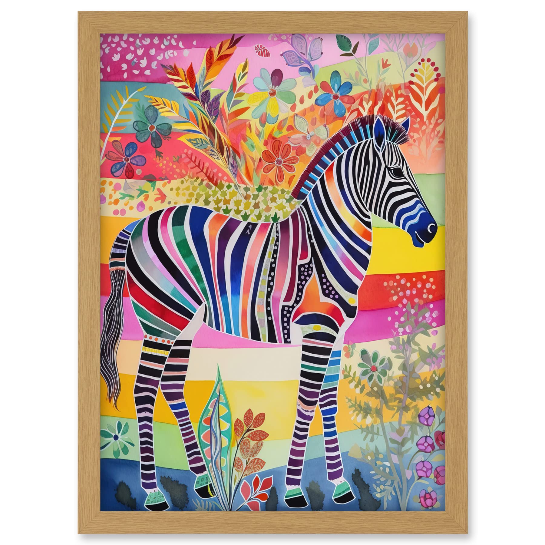 Artery8 Zebra Rainbow Floral Abstract Folk Art Artwork Framed A3 Wall Art Print