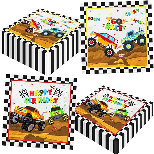 Servilletas Monster Trucks, suministros de fiesta de cumpleaños de Monster Machine, 40 servilletas de camión de máquina de feliz cumpleaños,