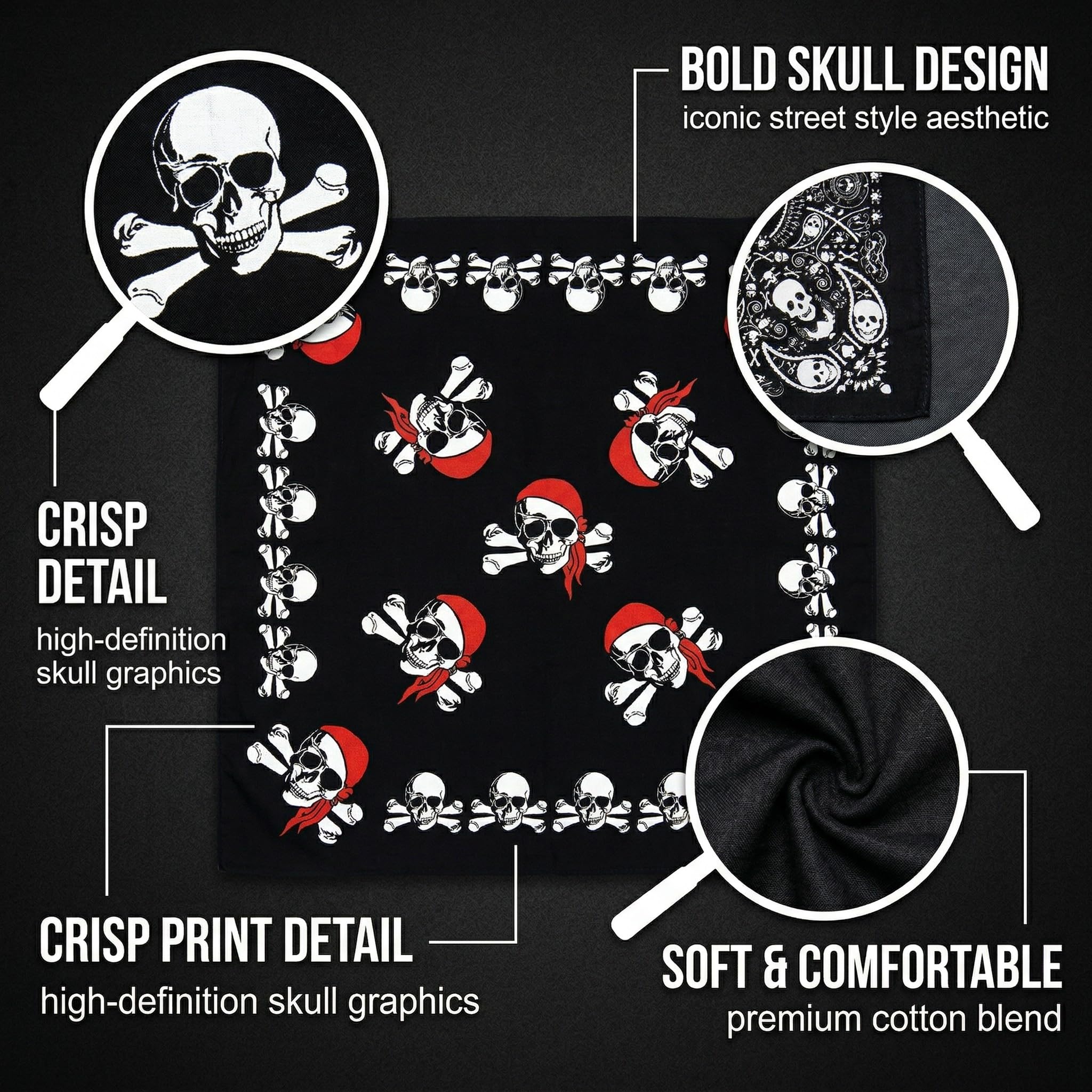 Bandana Pirata Calavera 2 Pack Pañuelo Multifuncional Algodón Moto Halloween Rojo Negro