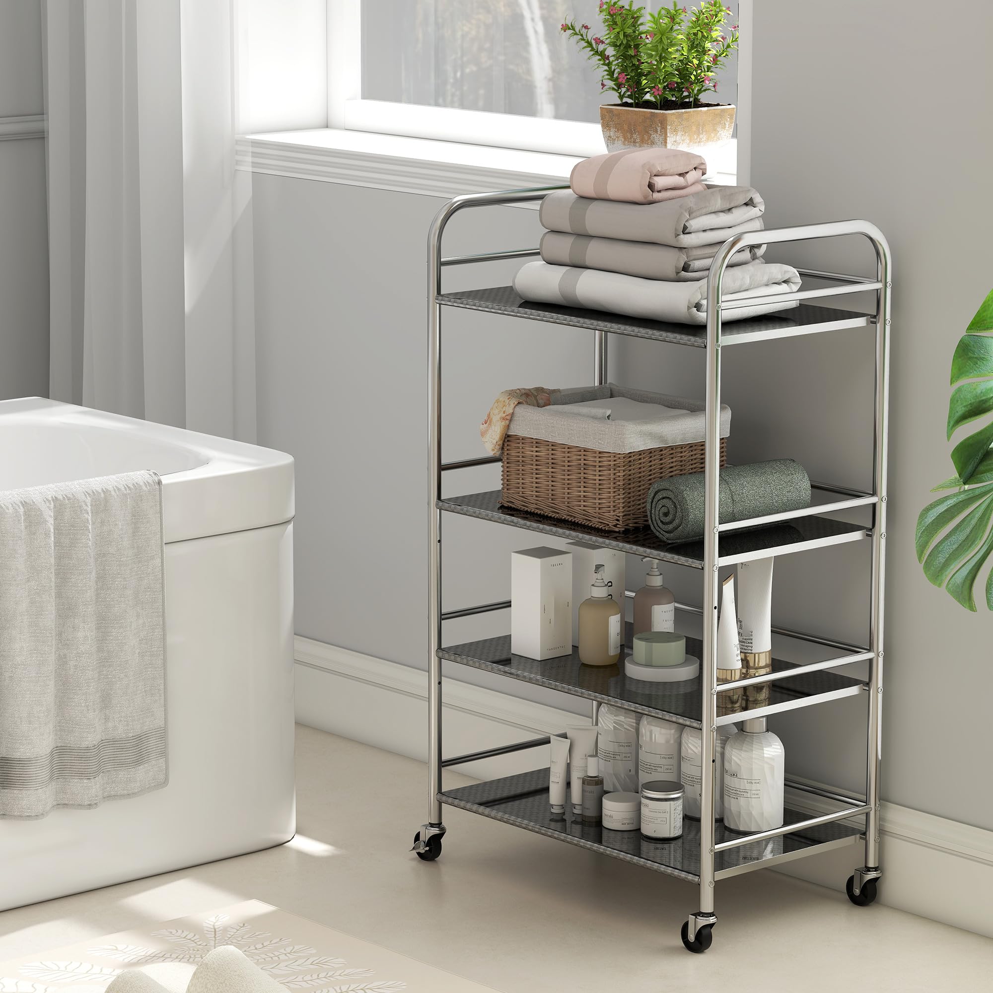 HOMCOM Carrello da Cucina a 4 Livelli con 2 Ripiani Regolabili e Bordi Rialzati, Carrello Cucina Salvaspazio in Acciaio Inox 201 con 4 Ruote e 2 Freni, 60x35x100 cm, Argento