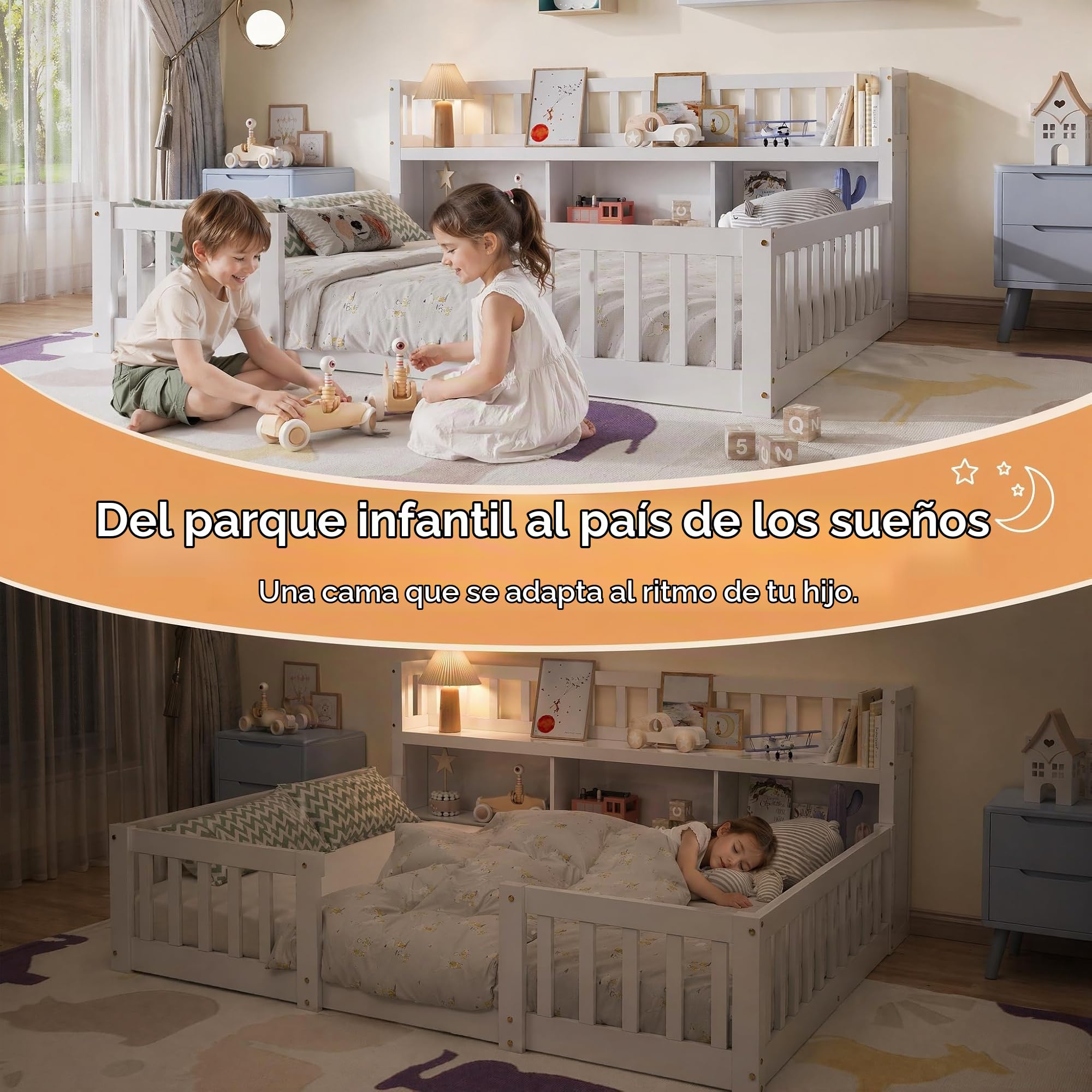 DADEA Cama Infantil De Suelo 140 X 200 Cm Con Protección Anticaída Y Somier, Cama De Día Montessori Con Compartimento De Almacenamiento, Sofá Cama Infantil Con Estante Abierto