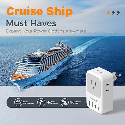 Miniatura 7 de TESSAN Adaptador de enchufe de viaje europeo, 2 unidades, adaptador PD de 20 W para enchufe de Europa con 4 salidas de CA, 4 USB (2 USB C),