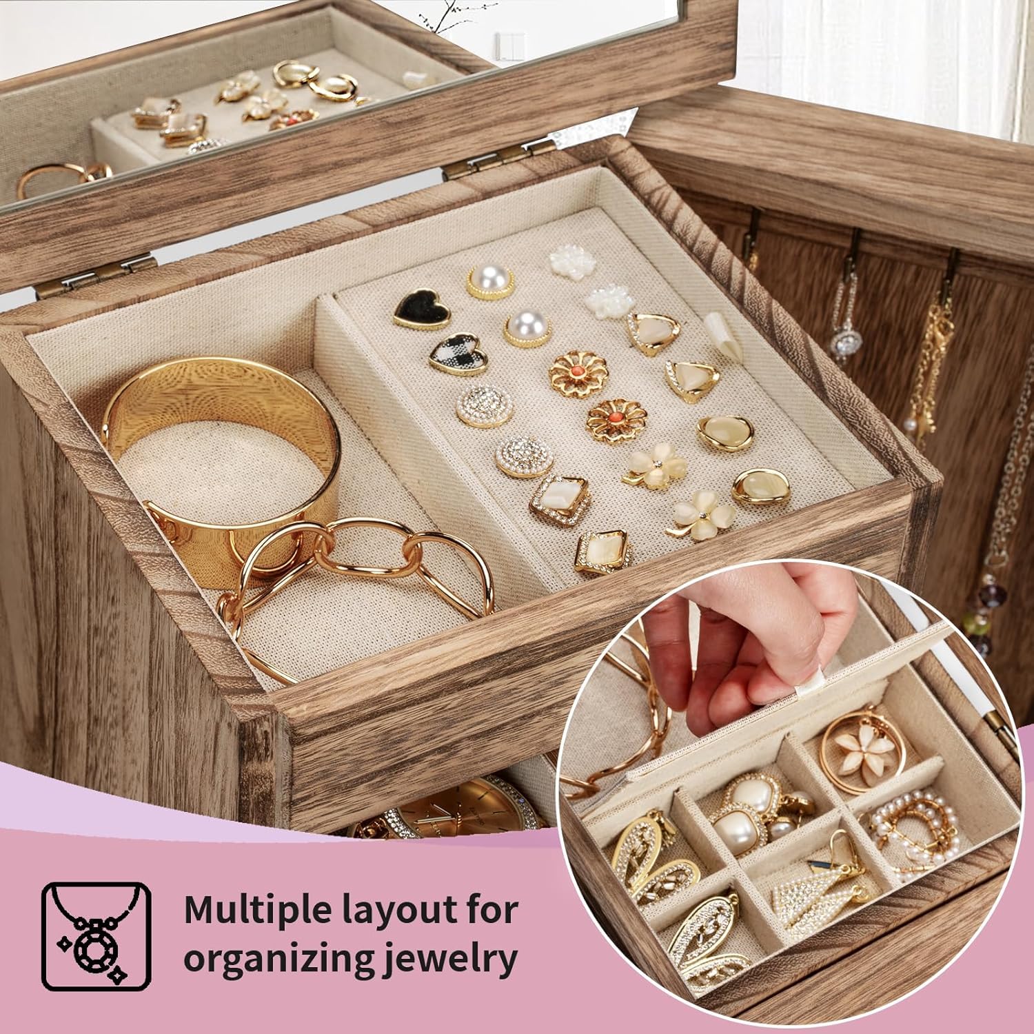 Schmuckkästchen 6 Ebenen, Schmuckaufbewahrung, Rustikales Holz Schmuckkasten 6 Schubladen mit Spiegel, Schmuck Organizer für Ringe, Ohrringe, Halsketten, Armbänder (Rustikal Braun)