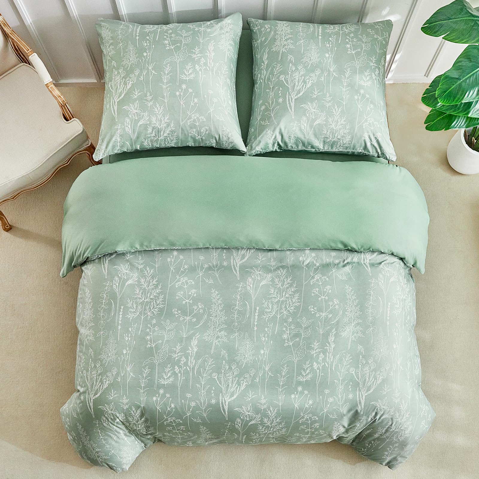 Tokokimo Biancheria da letto 200 x 200 cm, 3 pezzi, set di biancheria da letto con 2 federe con chiusura lampo, 80 x 80 cm, motivo floreale dipinto a mano, in microfibra