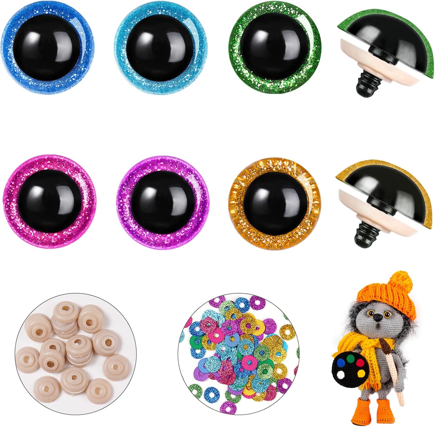 MUCUNNIA 240 PCS 12mm Safety Eyes for Crochet Toys with Washers Glitter