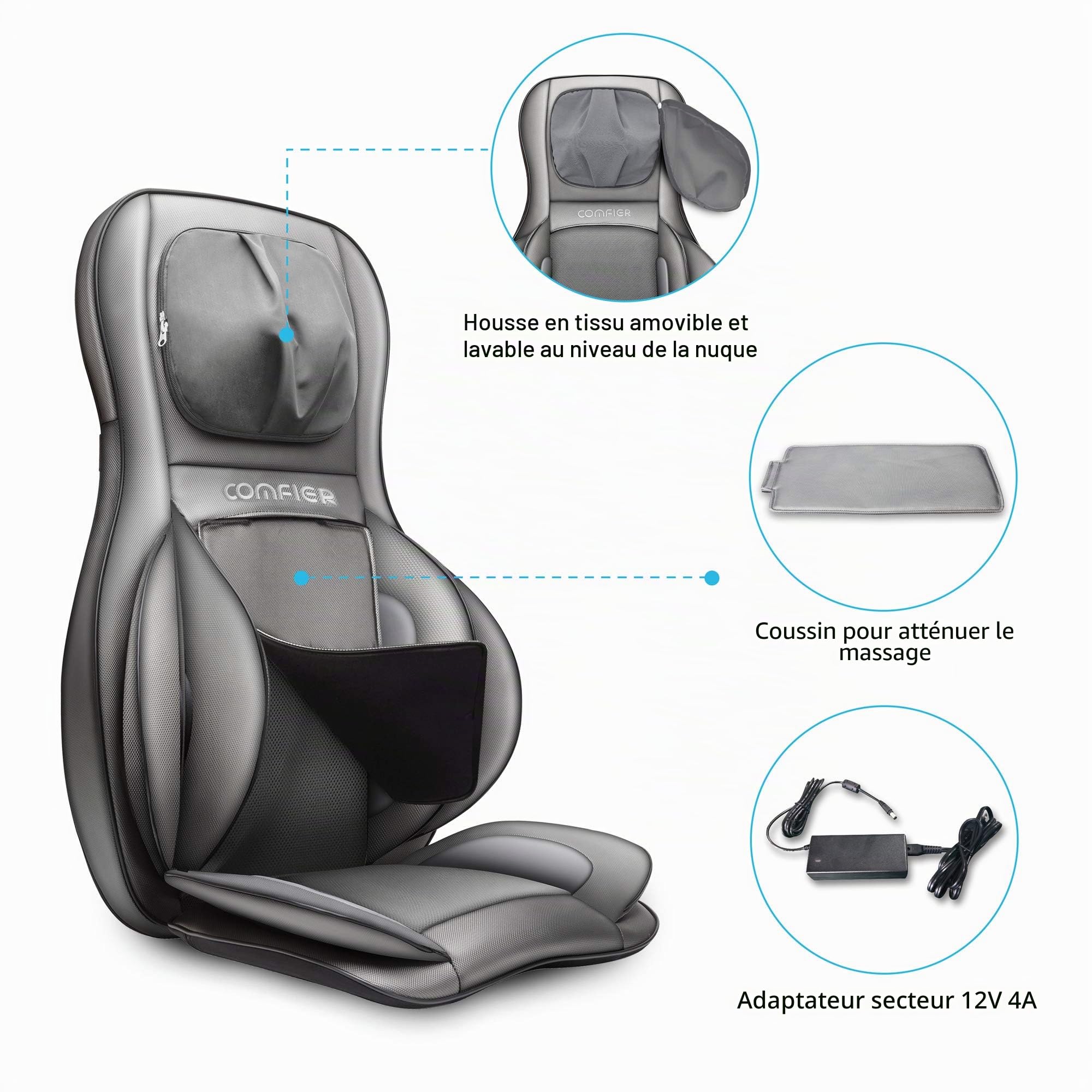 COMFIER Siège Massant Shiatsu avec Compression et Roulement - Masseur de Dos avec Chaleur, Chaise Massage de pétrissage pour Dos, Cou et Épaules