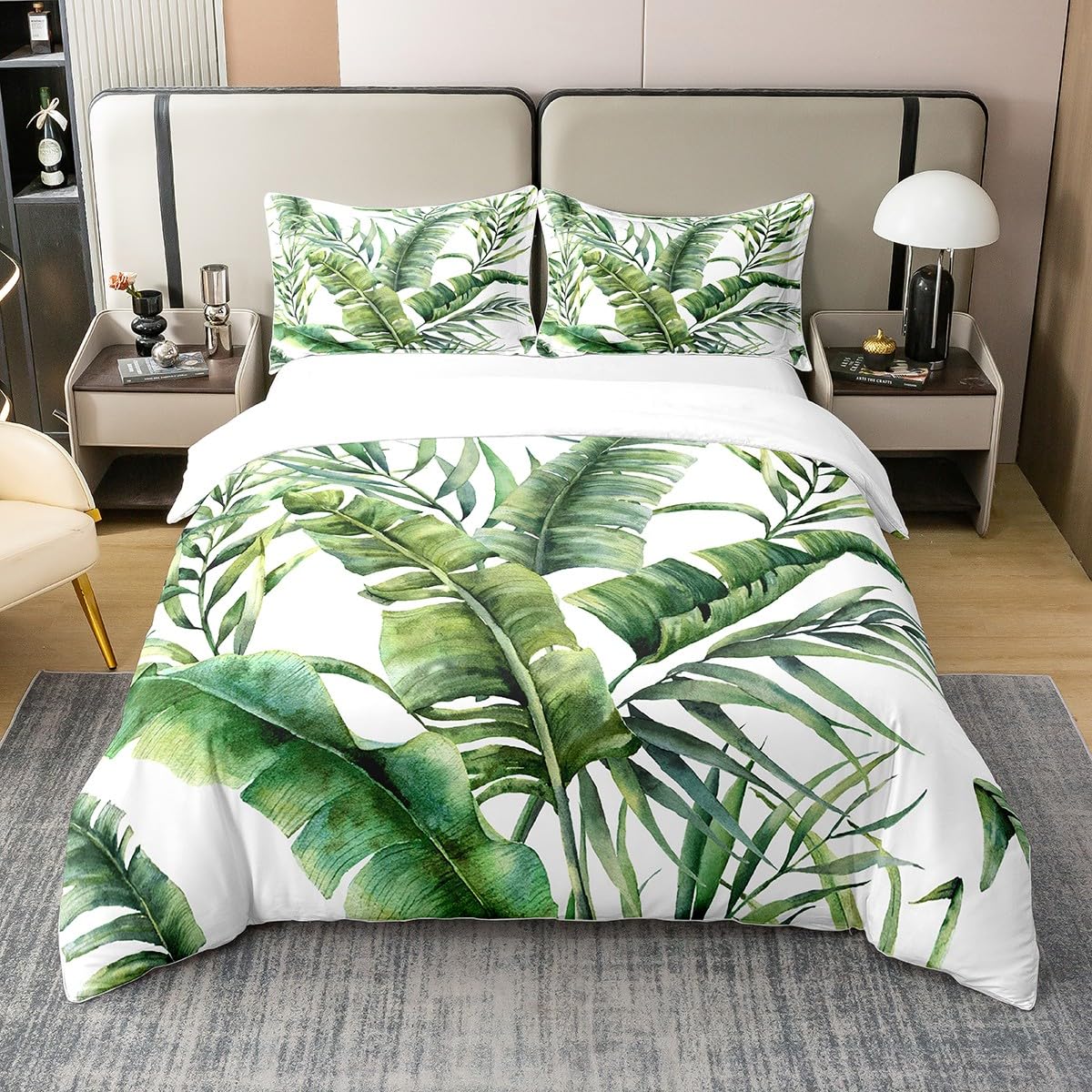 100% Bio Baumwolle Palm Blatt Bettwäsche Set Banana Blatt Bettbezug Hawaiian Tropical Leaf Zweig Quilt Cover Tropical Plant Comforter Bezug für Erwachsene,Weiß 200x200