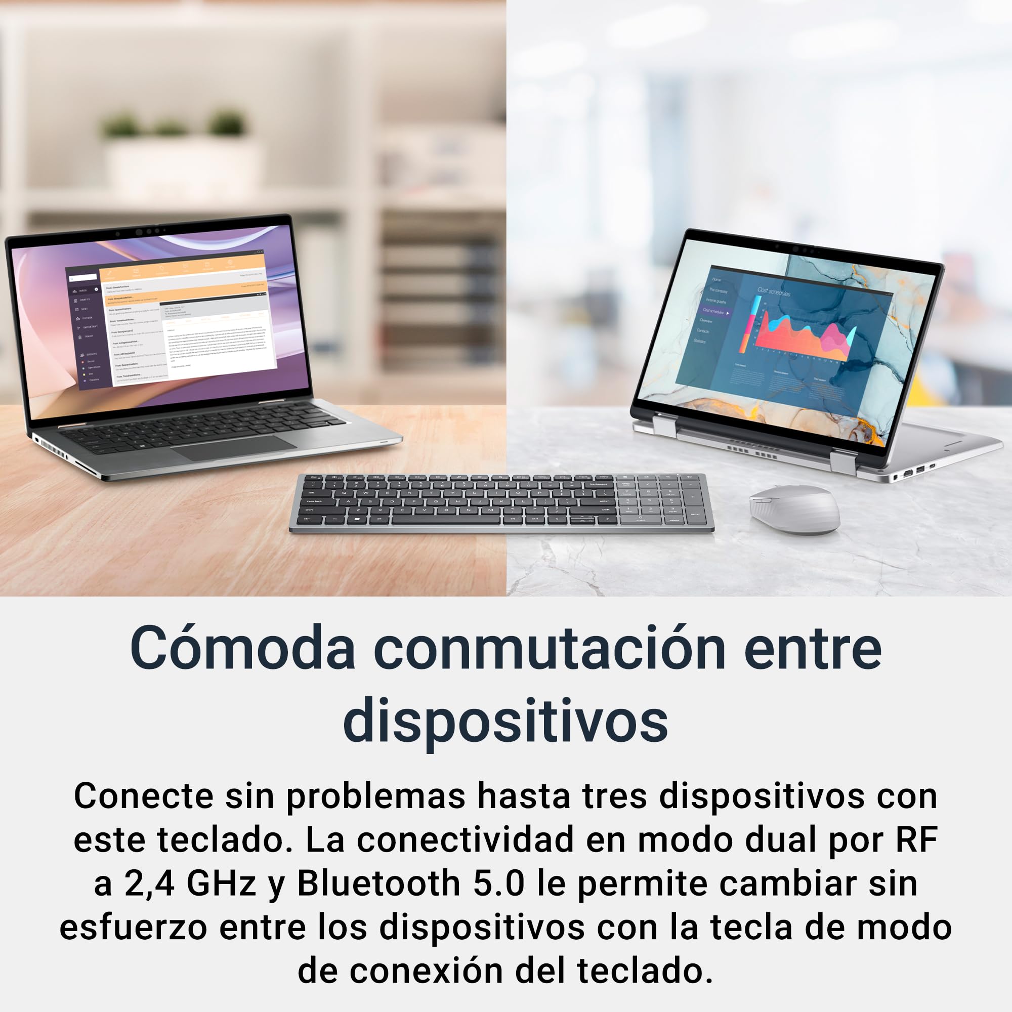 Dell KB740 Teclado Inalámbrico Multidispositivo Compacto – Español (QWERTY), Bluetooth 5.0 y RF 2.4 GHz, Compatible con Windows, Mac, Linux, ChromeOS y Android, Teclas Programables, Gris Titanio